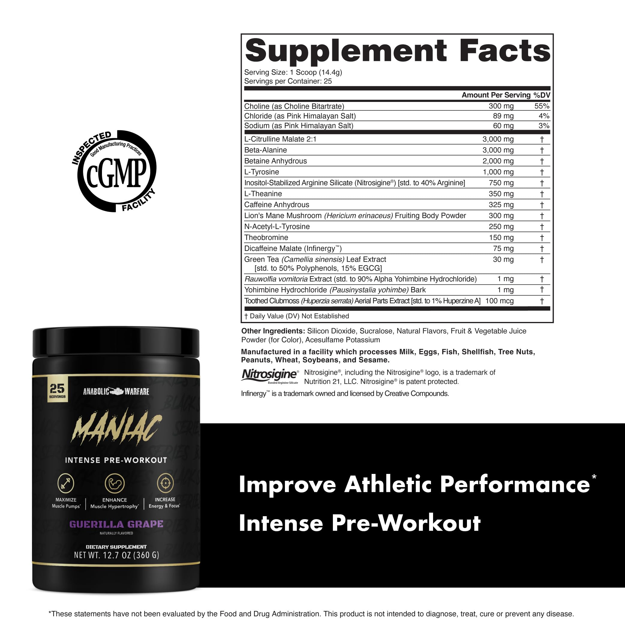 Anabolic Warfare Black Series Maniac Pre-Workout Powder - Nitric Oxide Booster for Muscle Pumps & Protein Synthesis - Guerilla Grape Flavor - Ideal for Gym, Bodybuilding & Intense Training Sessions