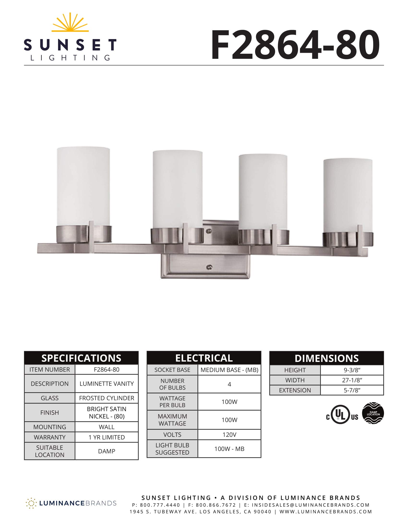 Luminance F2864-80 Modern 4-Light Vanity Mirror Fixture - Satin Nickel Finish Bathroom Lighting for Makeup & Grooming