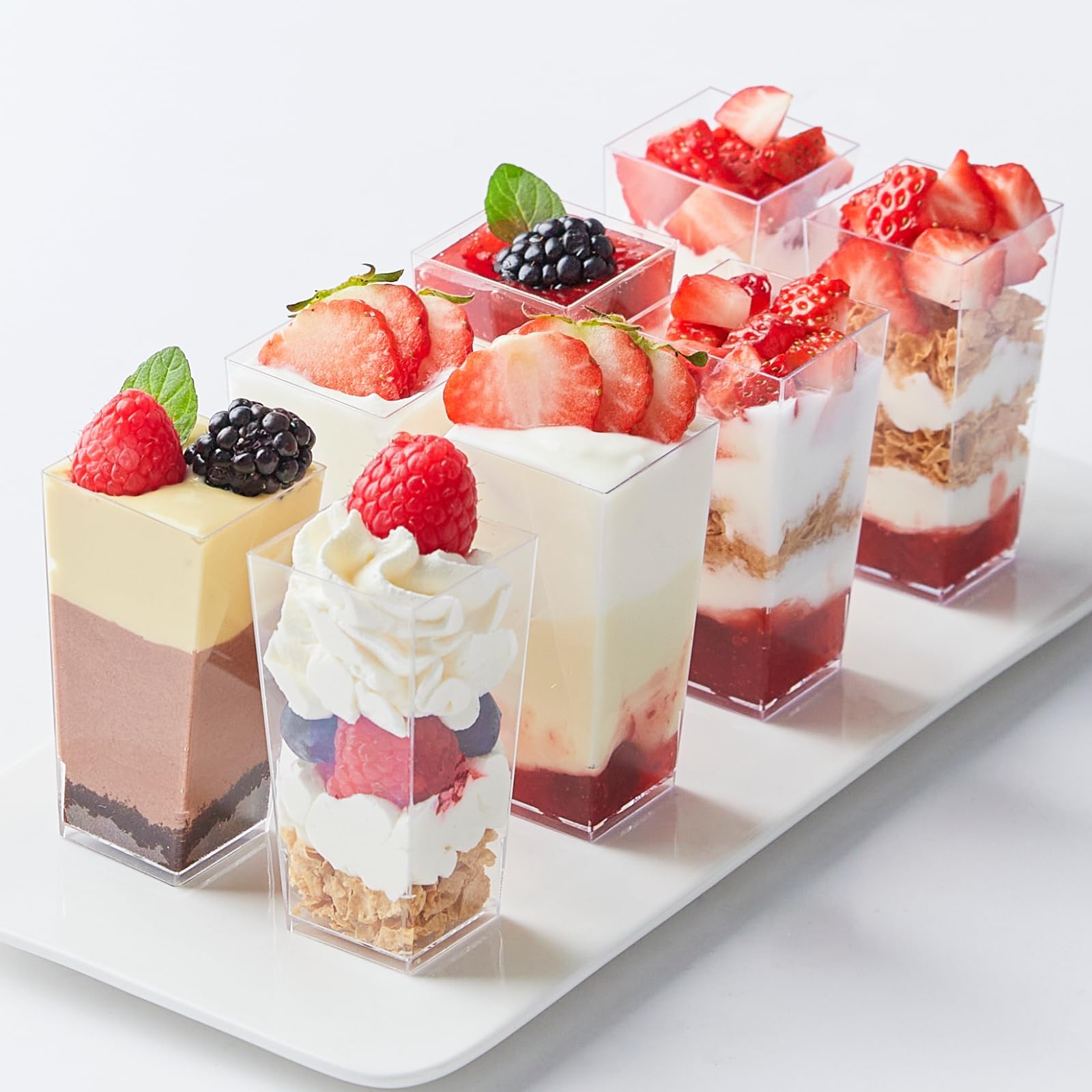 Zezzxu 50-Pack 3 oz Mini Plastic Dessert Cups with Lids & Spoons - Square Shooter Glasses for Appetizers, Parfaits, Mousse, Trifle, Fruit Pudding | Perfect for Parties, Catering & Home Dessert Serving