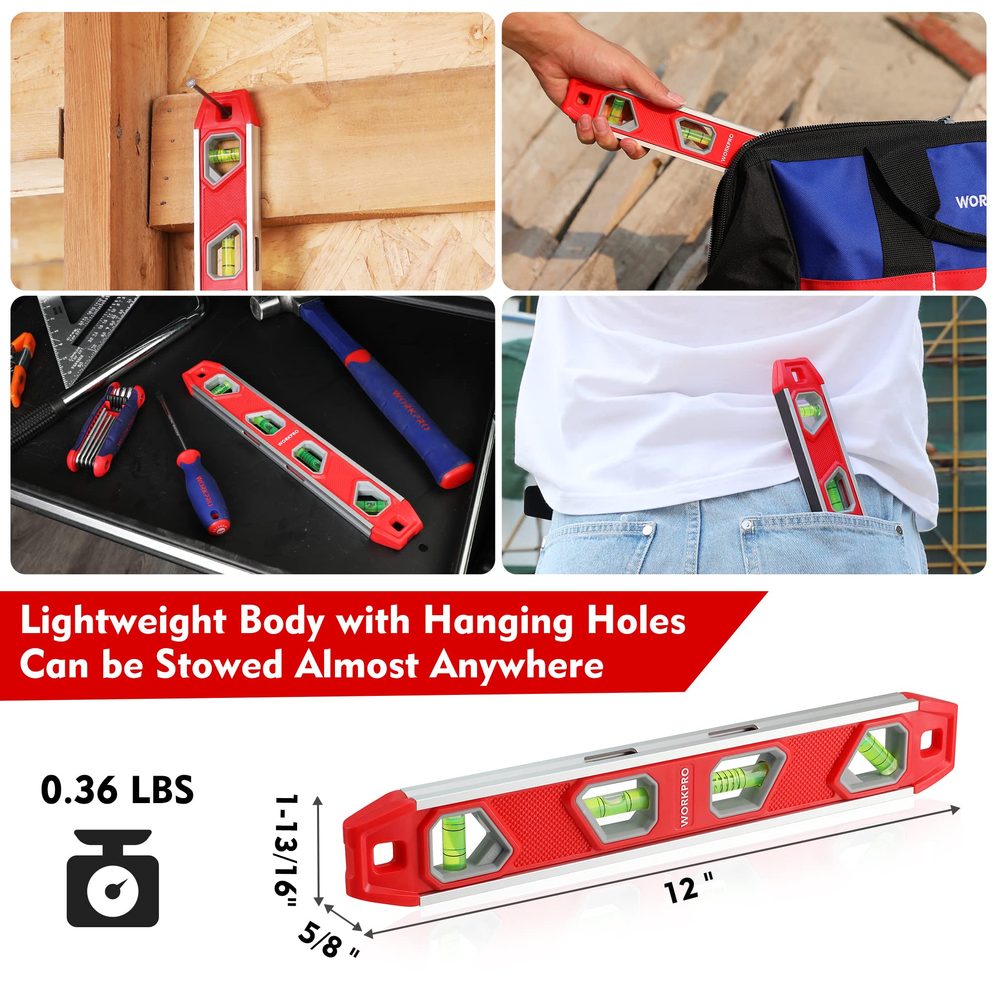 WORKPRO 12 Inch Magnetic Torpedo Level - Aluminum Reinforced with 4 Bubbles & V-Groove for Conduit Bending - Perfect for Plumbing, Construction, and DIY Home Improvement Projects