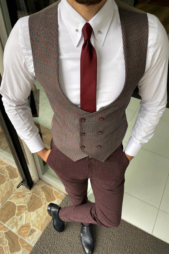 Slim Fit Claret Red Double Breasted Wool Vest for Men - Elegant Formal Wear & Business Attire | Perfect for Weddings, Office & Special Occasions