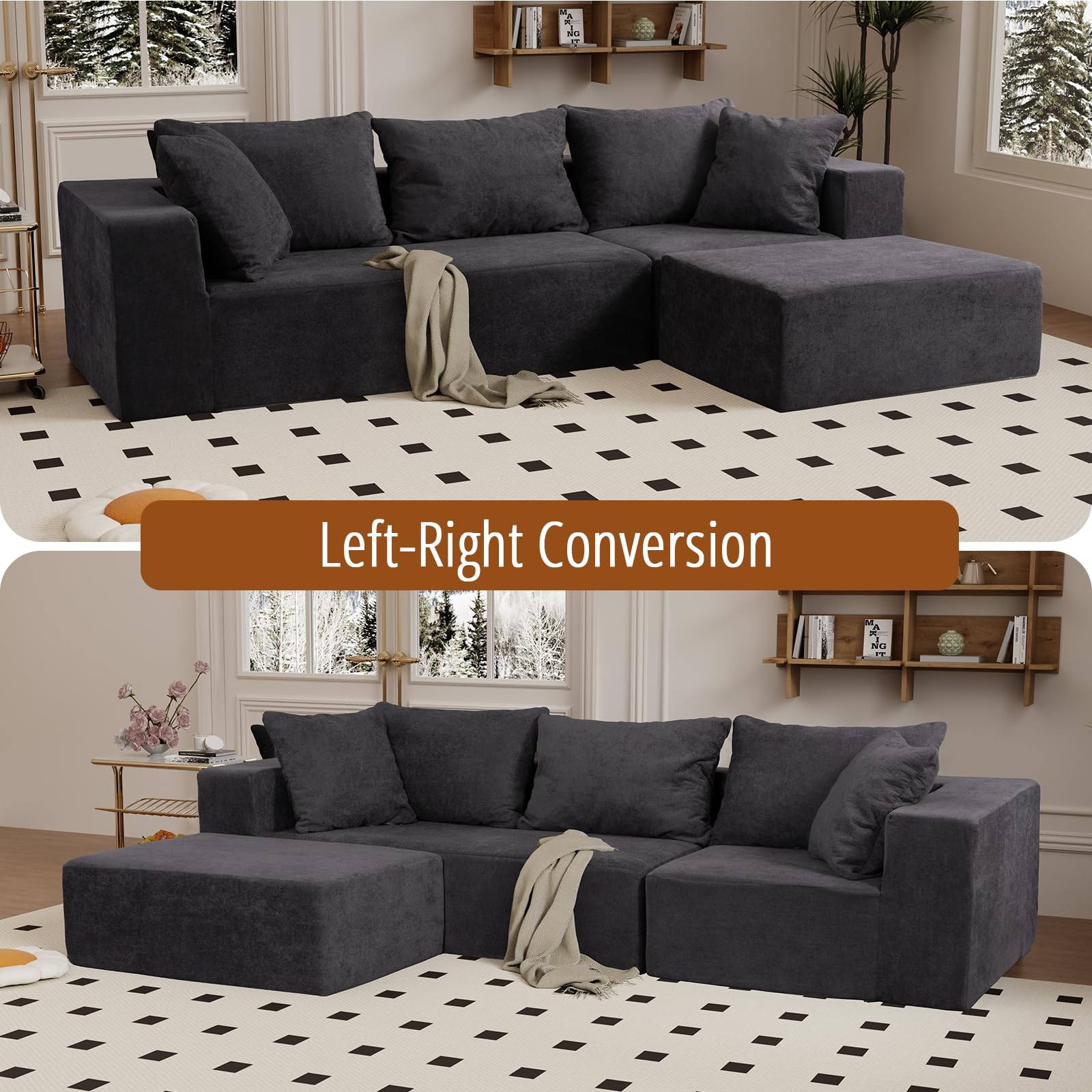 Vamcheer Modular Sectional Sofa with Ottoman - Modern L-Shaped Cloud Couch with Deep Seating, Comfortable Living Room Furniture for Apartments & Offices (Grey, No Assembly Required) - Perfect for Small Spaces, Movie Nights & Relaxing