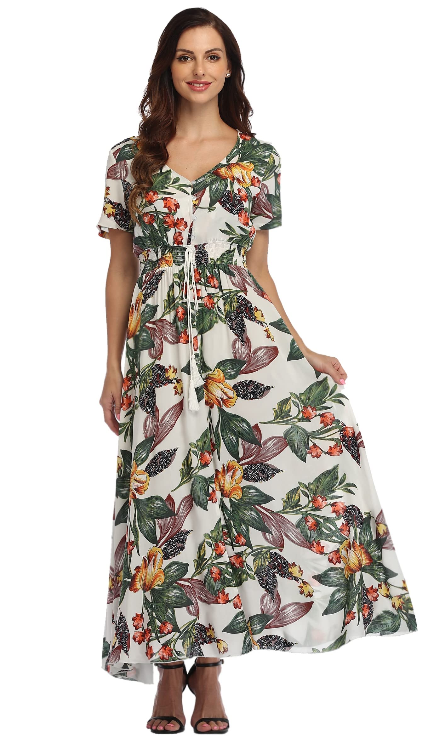 Ferrendo Women's Floral Maxi Dress - Button Up Split Front, Flowy Bohemian Summer Dress for Beach, Party & Vacation | Casual & Elegant Outfit for Outdoor Events, Date Night & Travel