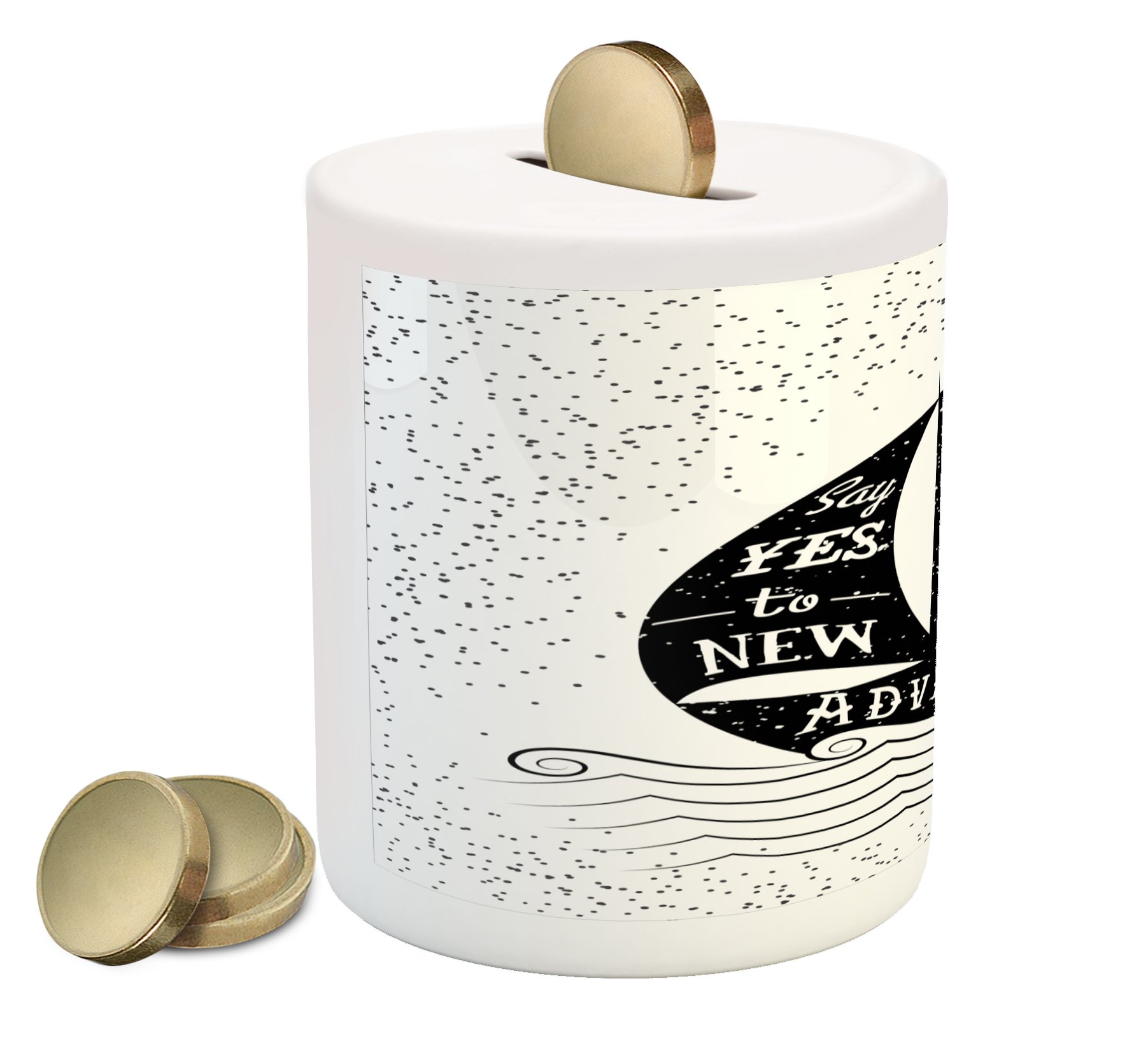 Ambesonne Adventure Piggy Bank - Ceramic Money Box with Boat Journey Theme, Black & White Coin Bank for Cash Savings | Perfect for Kids' Allowance, Travel Enthusiasts & Unique Home Decor Gifts