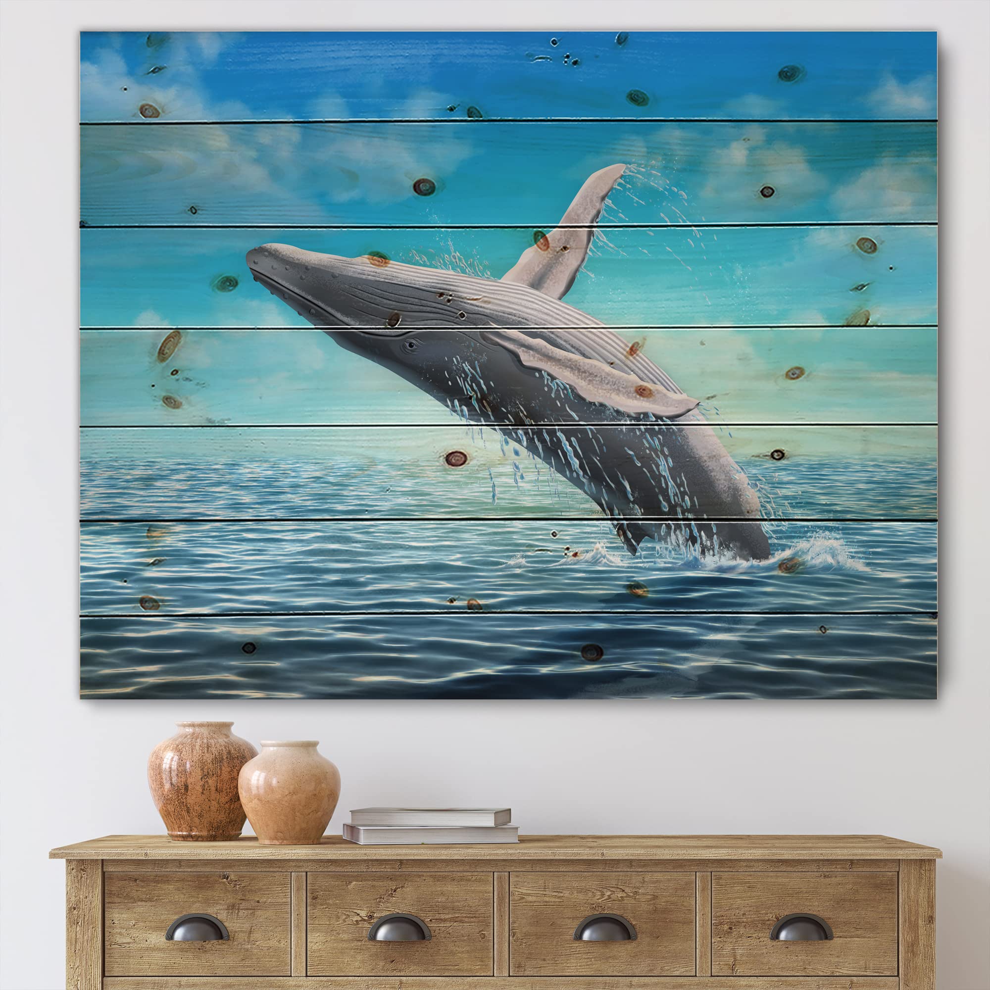 DesignQ Humpback Whale Jumping Wood Wall Art - Handcrafted Farmhouse Decor, Blue Ocean Themed Wooden Panel, Large Animal Print on Natural Pine Wood - Perfect for Living Room, Bedroom & Coastal Home Decor
