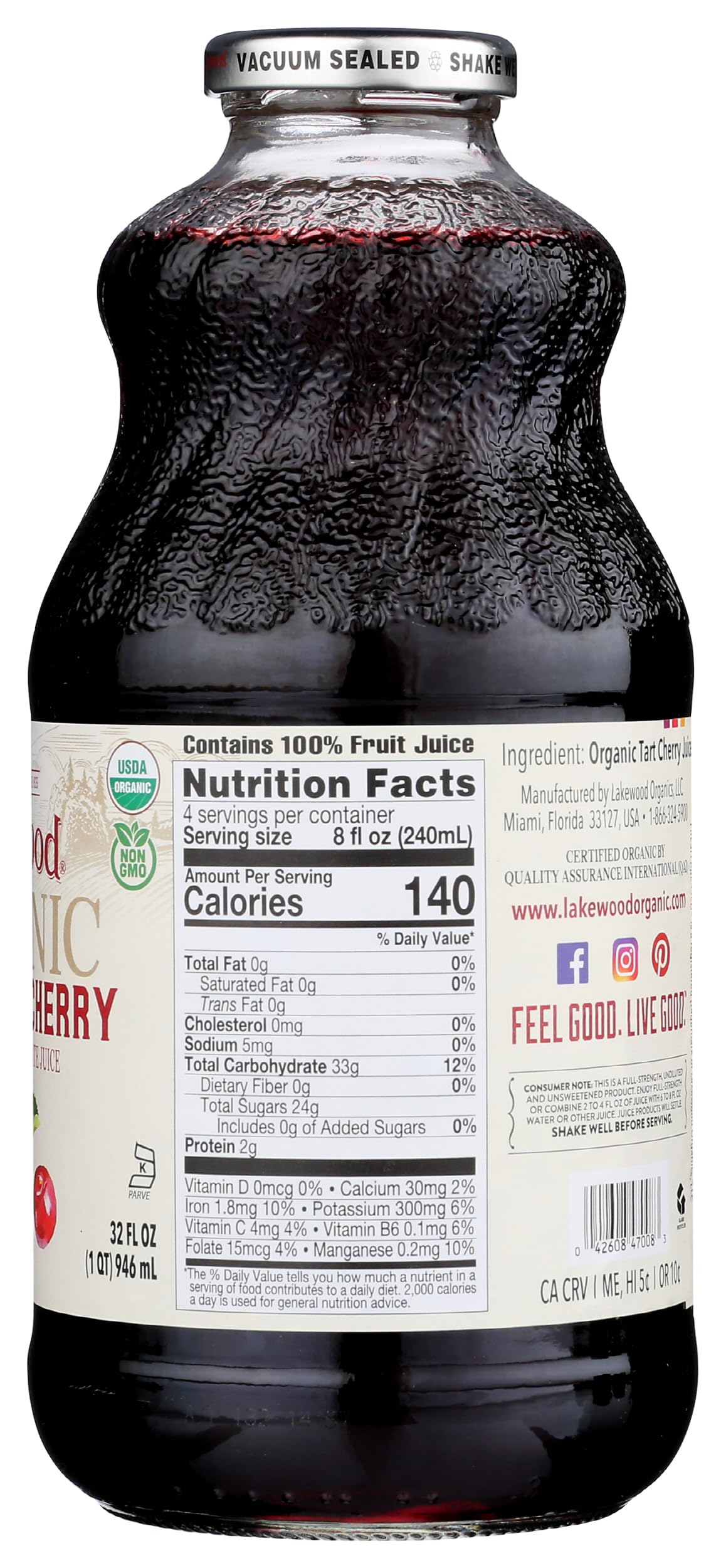 Organic Pure Cherry Tart Juice by Lakewood, 32 oz - Antioxidant-Rich, No Sugar Added, Perfect for Smoothies, Cocktails & Healthy Hydration