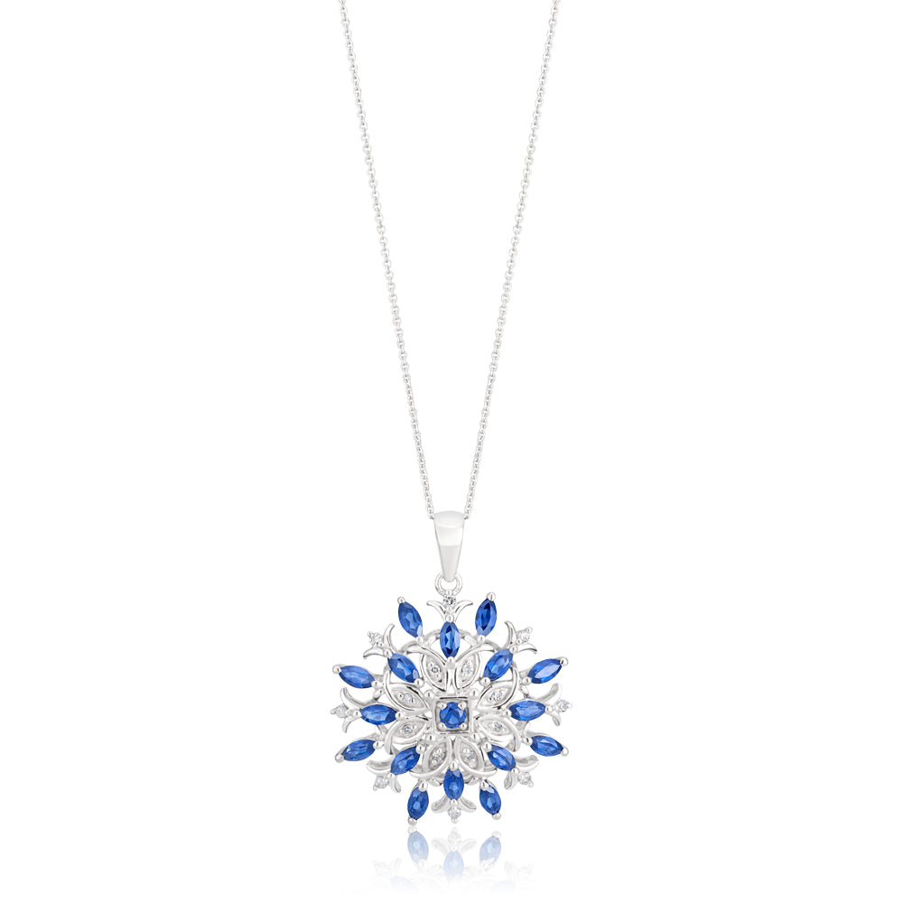 9ct White Gold Created Sapphire and Diamond 0.01ct Fancy Pendant Necklace with 45cm Chain - Elegant Jewelry Gift for Women, Perfect for Weddings, Anniversaries and Special Occasions