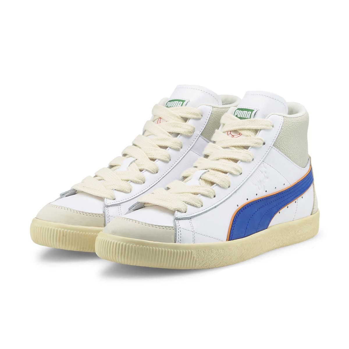 Rhuigi Clyde Mid Basketball Sneakers in White & Royal - Stylish High-Top Shoes for Men, Streetwear & Casual Wear