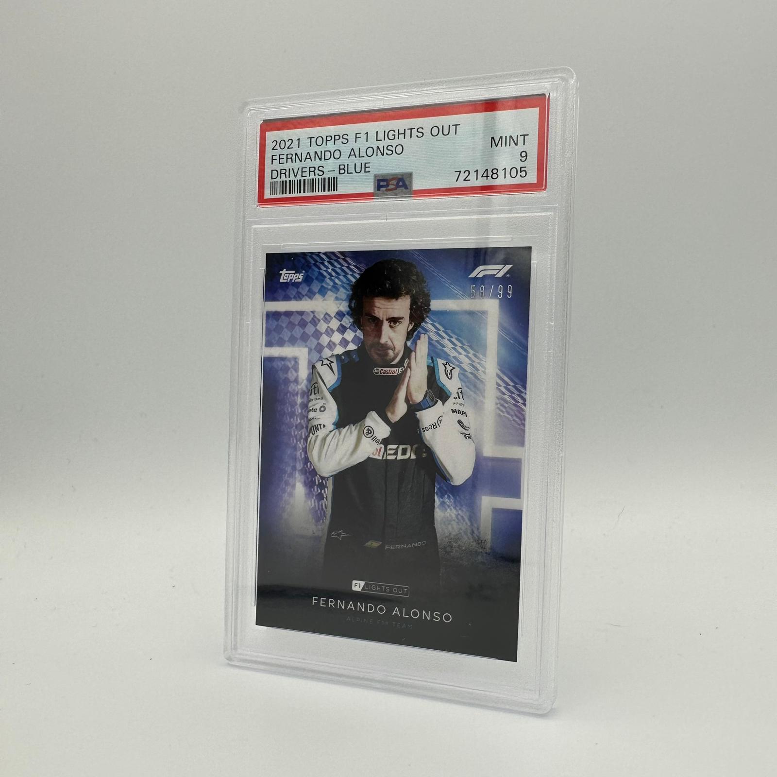 PSA 9 Graded 58/99 Fernando Alonso Blue Parallel Racing Drivers Card - Perfect for Collectors, Fans, and Sports Memorabilia Displays