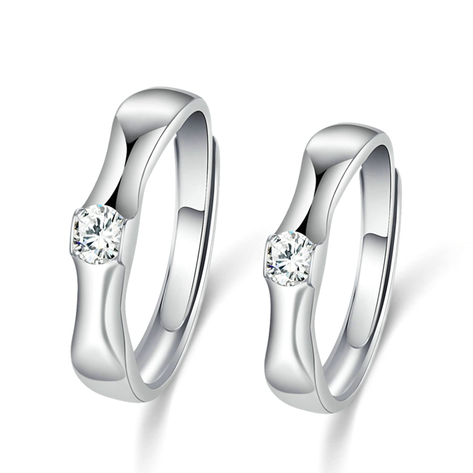 Sterling Silver Matching Wedding Bands Set with Cubic Zirconia Solitaire - Vintage Adjustable Engagement Rings for Couples | Perfect for Anniversaries, Proposals & Romantic Occasions