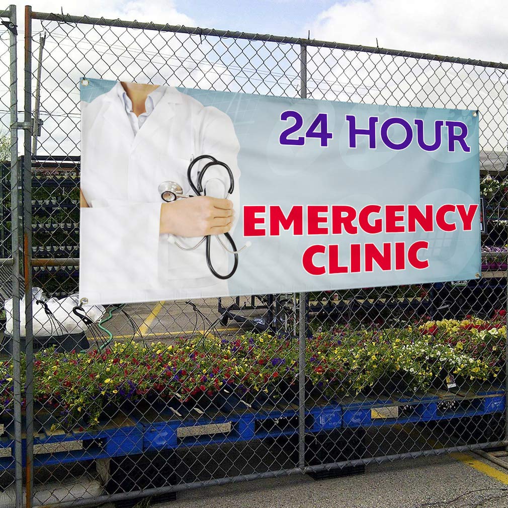 24-Hour Emergency Clinic Vinyl Banner - Weatherproof, Durable Outdoor Yard Sign (60x144 Inches, 10 Grommets) - Perfect for Hospitals, Clinics & Healthcare Facilities