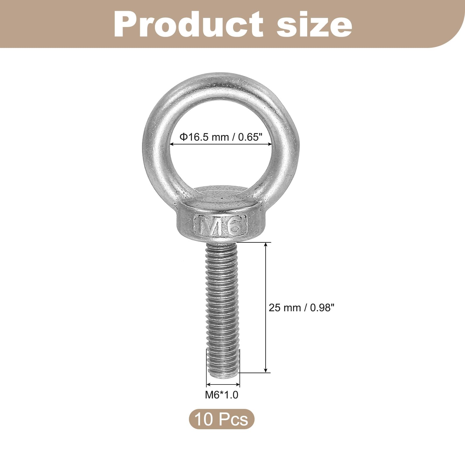 Stainless Steel M6 x 25mm Eye Bolt - 304 Grade Ring Shape Male Thread Eyebolt for Lifting, Engineering, Marine & Hammock Hanging - Heavy Duty Hardware (Pack of 10) - Perfect for DIY Projects, Boat Rigging & Outdoor Gear Installation