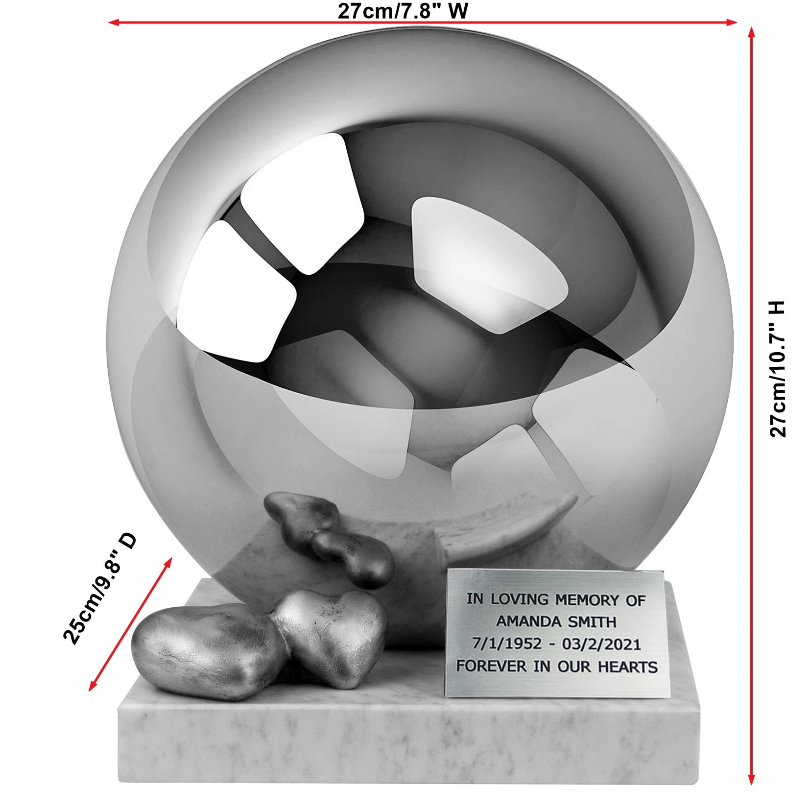Stainless Steel Companion Urn XL - Large Double Heart Cremation Urn for Two Adults, Durable Memorial Keepsake for Ashes - Perfect for Home Memorials, Cemetery Placement & Celebration of Life Ceremonies