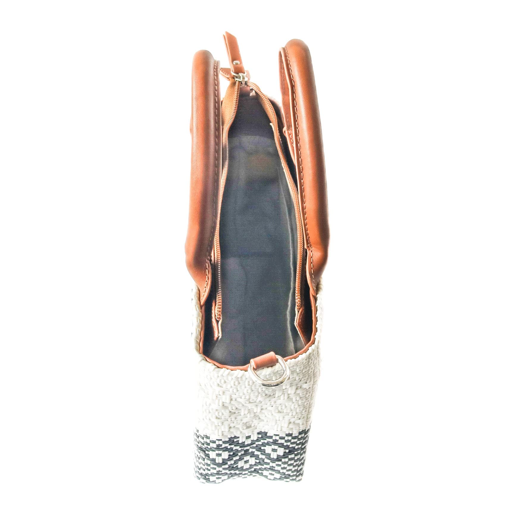 Eco-Friendly Small Woven Crossbody Bag with Tan Leather Handles - Adjustable Strap & Secure Zipper Closure | Handcrafted Mexican Recycled Plastic Purse | Perfect for Summer Travel, Beach Outings & Daily Use