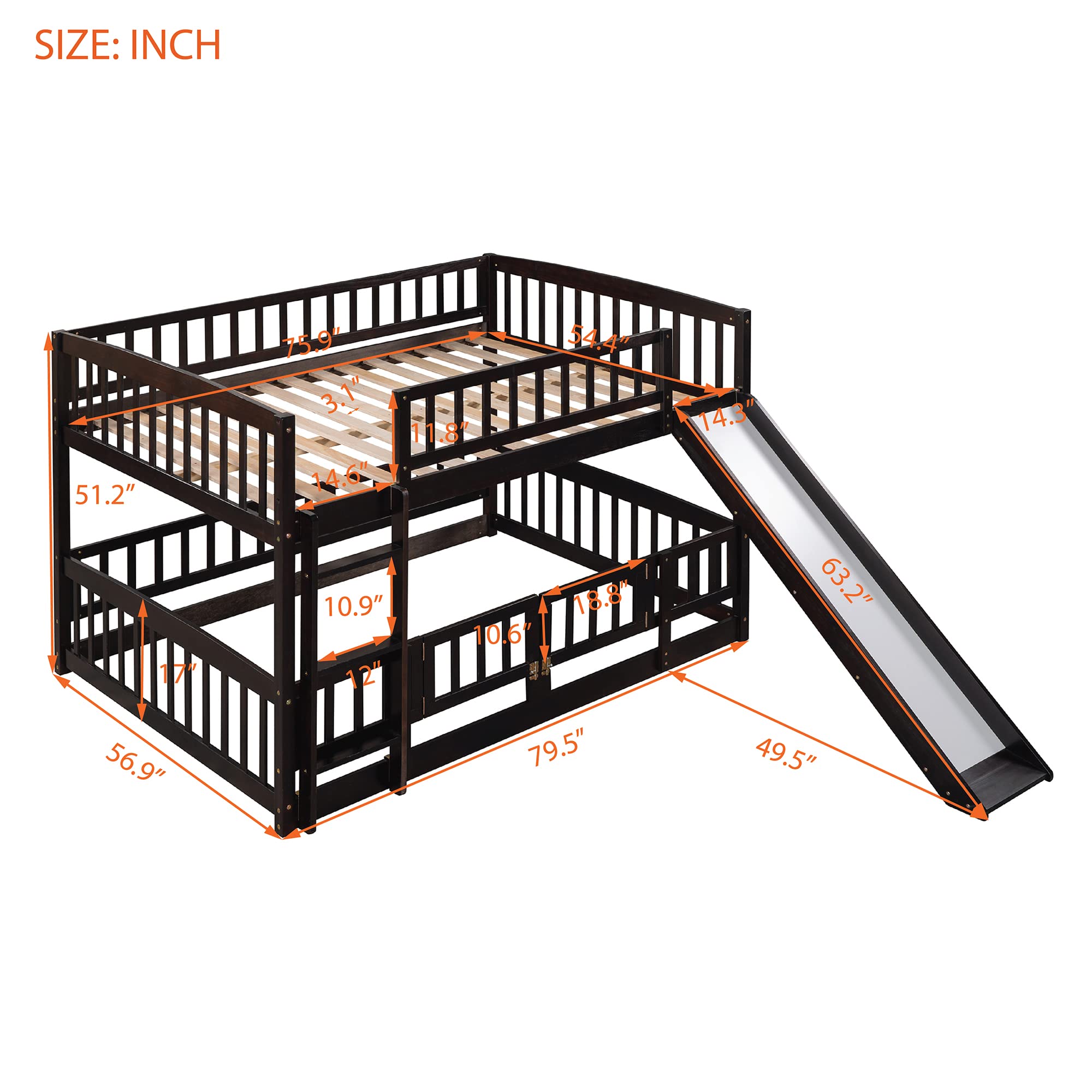 **Low Kids Bunk Bed with Slide - Full Over Full Toddler Bunk Bed Frame with Safety Fence, Ladder & Guardrail - Wooden Floor Bunk Bed with Fun Small Door for Toddlers, Kids & Teens (Espresso) - Perfect for Small Bedrooms, Playrooms & Shared Kids' Spaces**