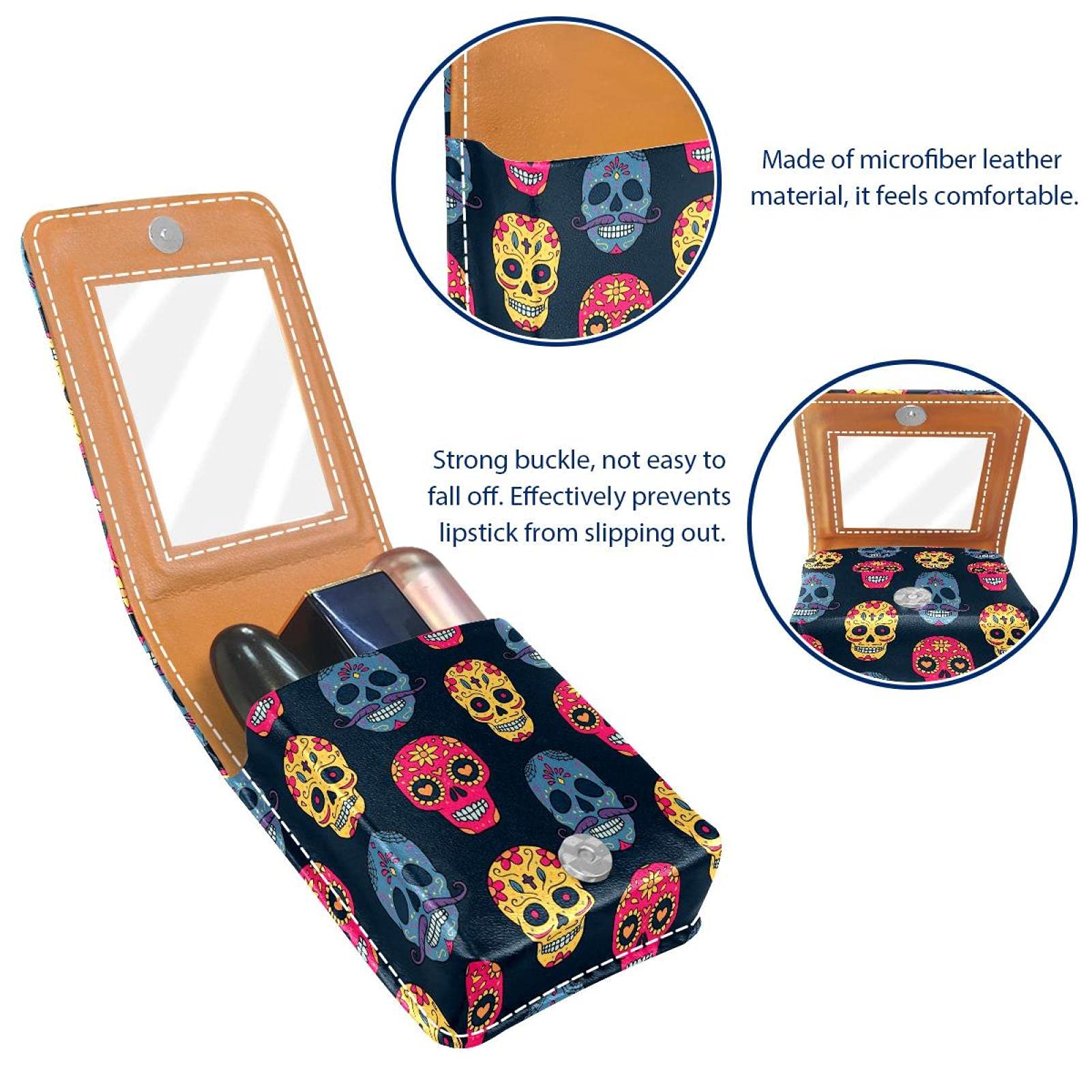 Colorful Skull Design Lipstick Case with Mirror - Portable Lip Gloss Holder & Travel Makeup Bag - Mini Leather Cosmetic Pouch Holds 3 Lipsticks for On-the-Go Touch Ups, Parties, and Gift Giving