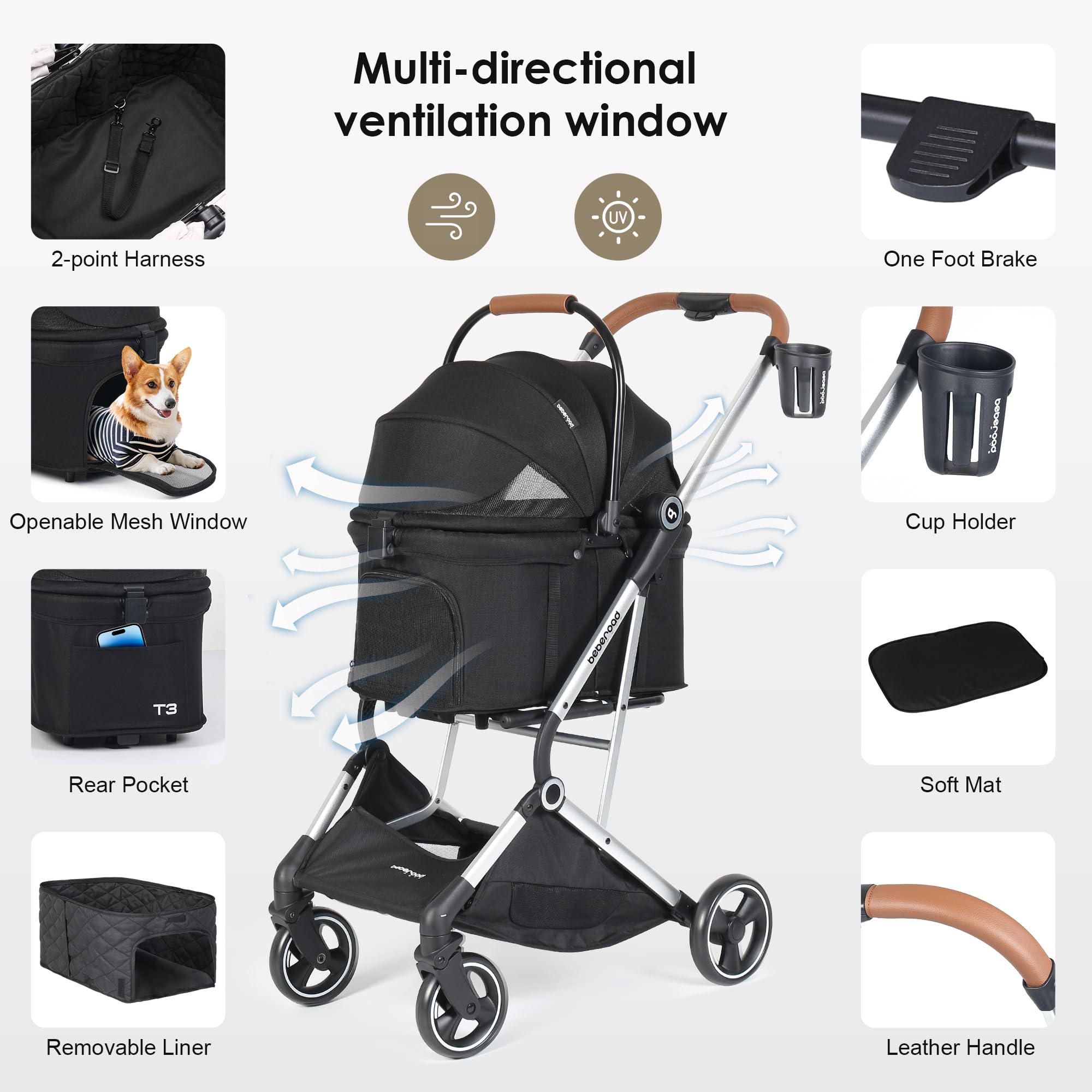 T3 Pro 3-in-1 Small Pet Stroller for Dogs & Cats - 4-Wheel Lightweight Travel Carrier with Removable Pad, Canopy & Cup Holder - Perfect for Walking, Shopping & Vet Visits (Black)