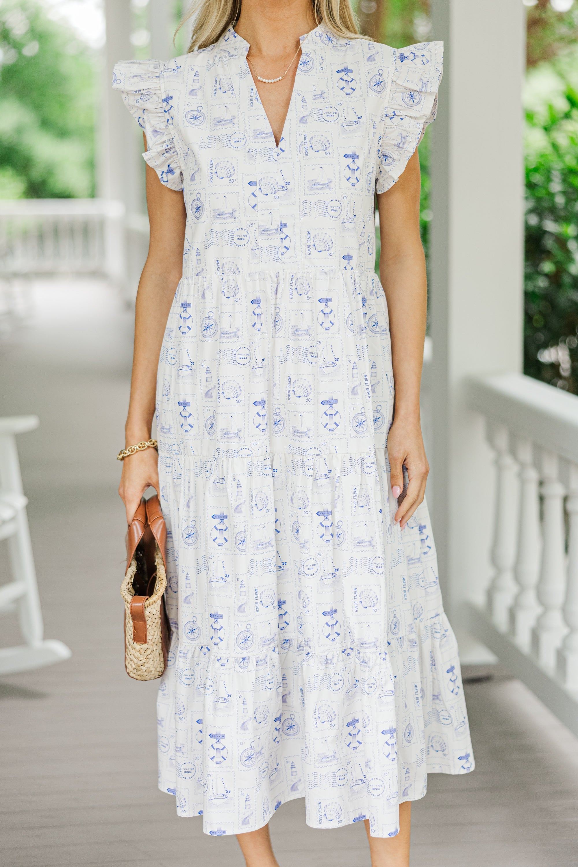 Blue Nautical Toile Midi Dress - Women's Vintage Inspired Floral Print Summer Dress for Beach Vacation, Party & Casual Wear