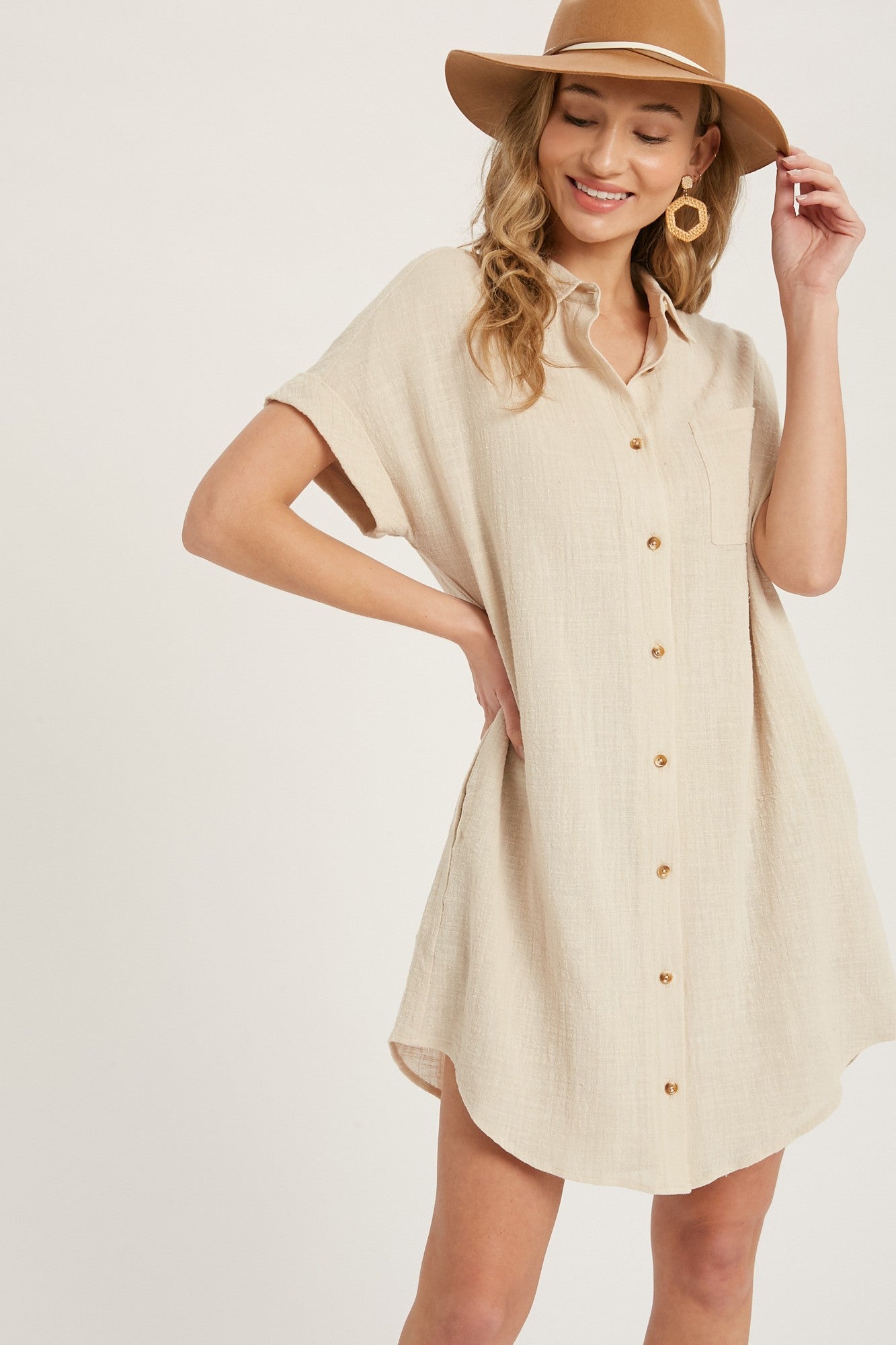 Stylish Beige Button Up Shirt Dress with Pockets - Women's Casual Office Wear & Spring Summer Outfit