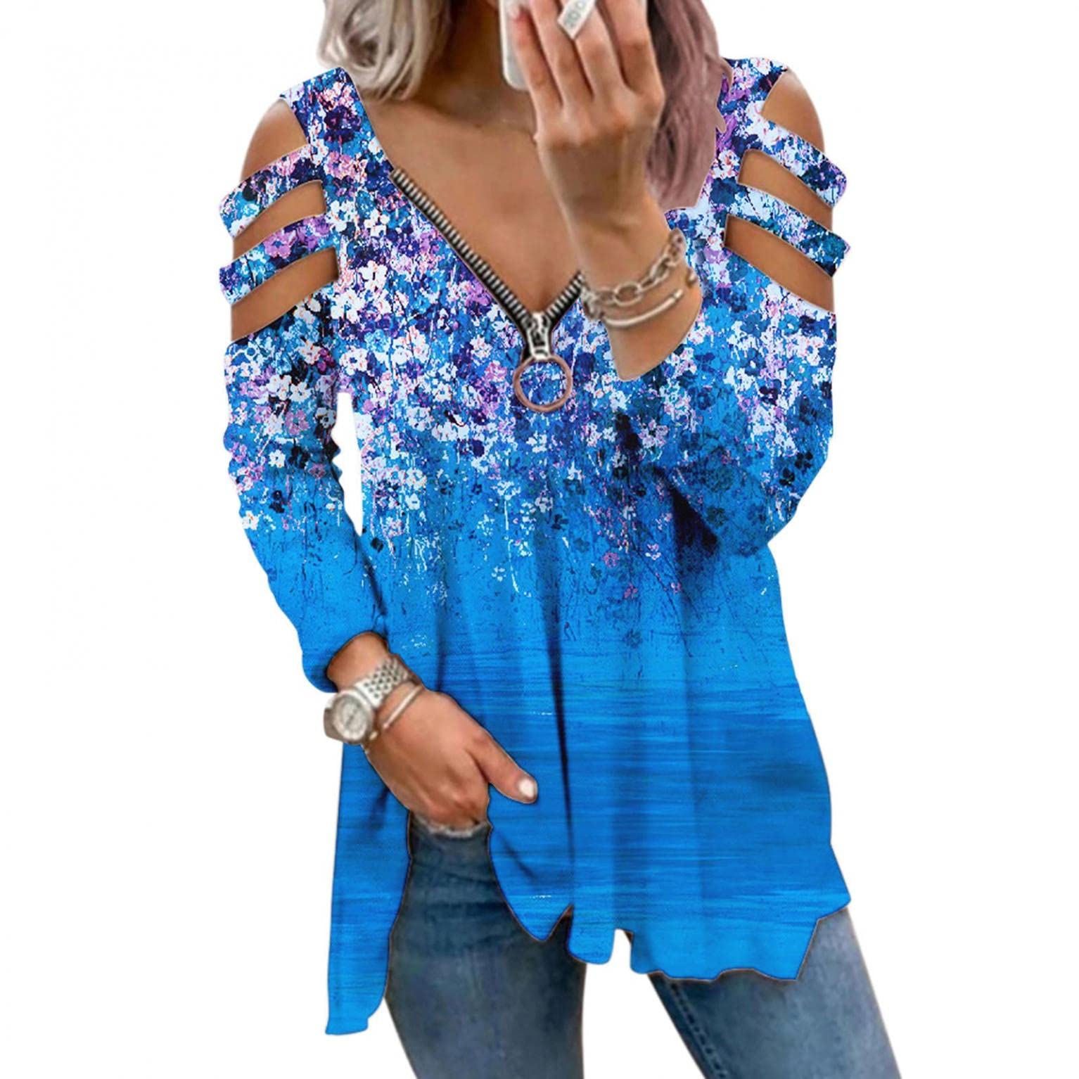 Qisemi Women's Summer Tops - Fashion Short Sleeve V-Neck Tunic Blouse with Cold Shoulder & Zipper Design | Perfect for Beach, Vacation, and Casual Outings