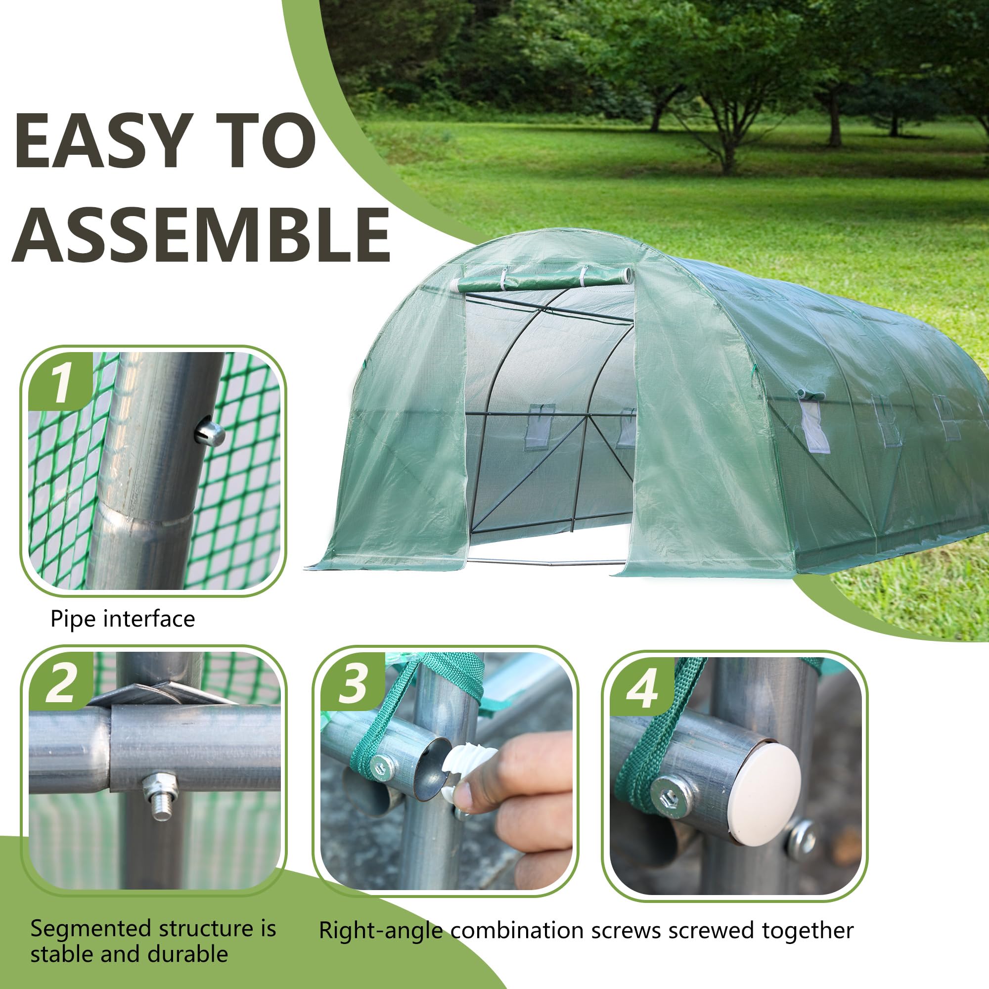 20x10x7FT Heavy-Duty Greenhouse Tunnel with Sturdy Metal Frame & PE Cover - Walk-In Design, Roll-Up Zipper Door & Ventilated Windows for Outdoor Gardening, Plant Growing & Backyard Shelter (Green) - Perfect for Home Gardeners, Urban Farming & Year-Round Plant Protection