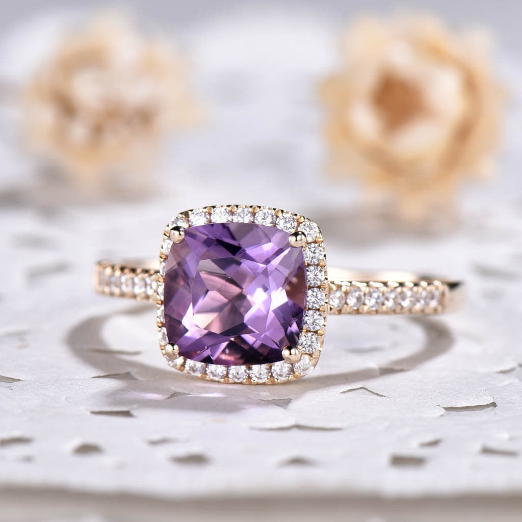 Exquisite Purple Amethyst Diamond Halo Engagement Ring - Cushion Cut Gemstone Jewelry for Weddings, Proposals & Anniversary Gifts