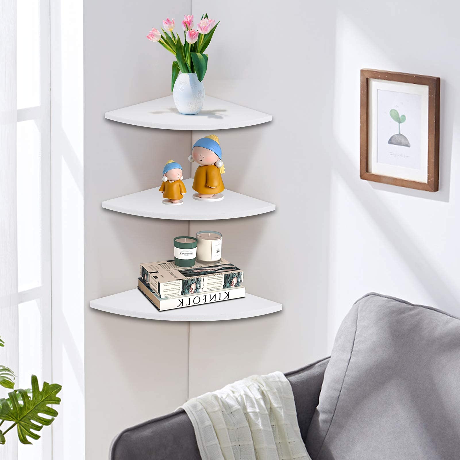 Greensen 3-Tier Floating Corner Shelf - Round End Wall Mounted PVC Shelves for Home Decor, Bedroom, Living Room, Bathroom, Kitchen & Office - White | Perfect for Small Spaces & Displaying Plants, Books & Decor Items