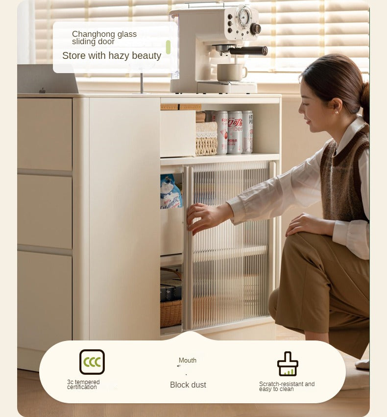 Solid Poplar Wood Dining Room Cabinet with Partition - White Cream Rock Board for Kitchen Storage & Home Organization