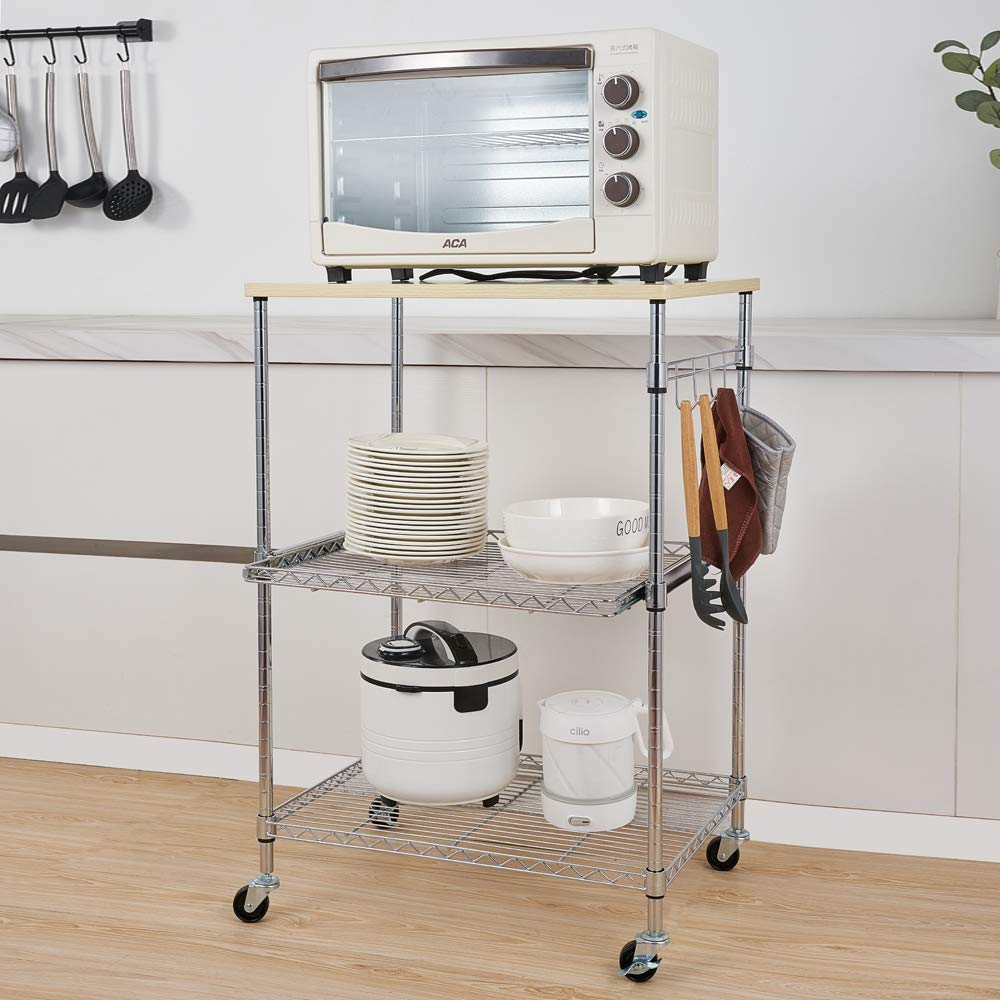 3-Tier Rolling Kitchen Cart with Hooks - Stainless Steel Microwave Stand, Baker's Rack & Storage Shelf on Wheels | Perfect for Small Kitchens, Apartments & Dorm Rooms | Space-Saving Mobile Workstation for Microwave, Spices & Cooking Essentials