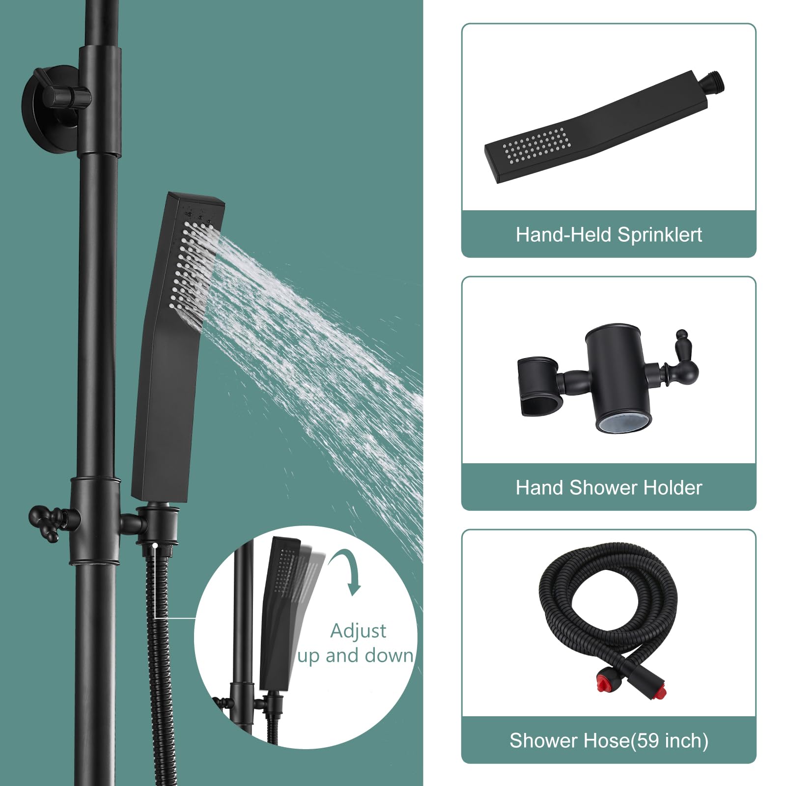 Matte Black Exposed Shower System - 8 Inch Square Rainfall Shower Head with Adjustable Handheld Sprayer - Dual Function Wall Mount Bathroom Faucet Set for Modern Home & Spa Experience