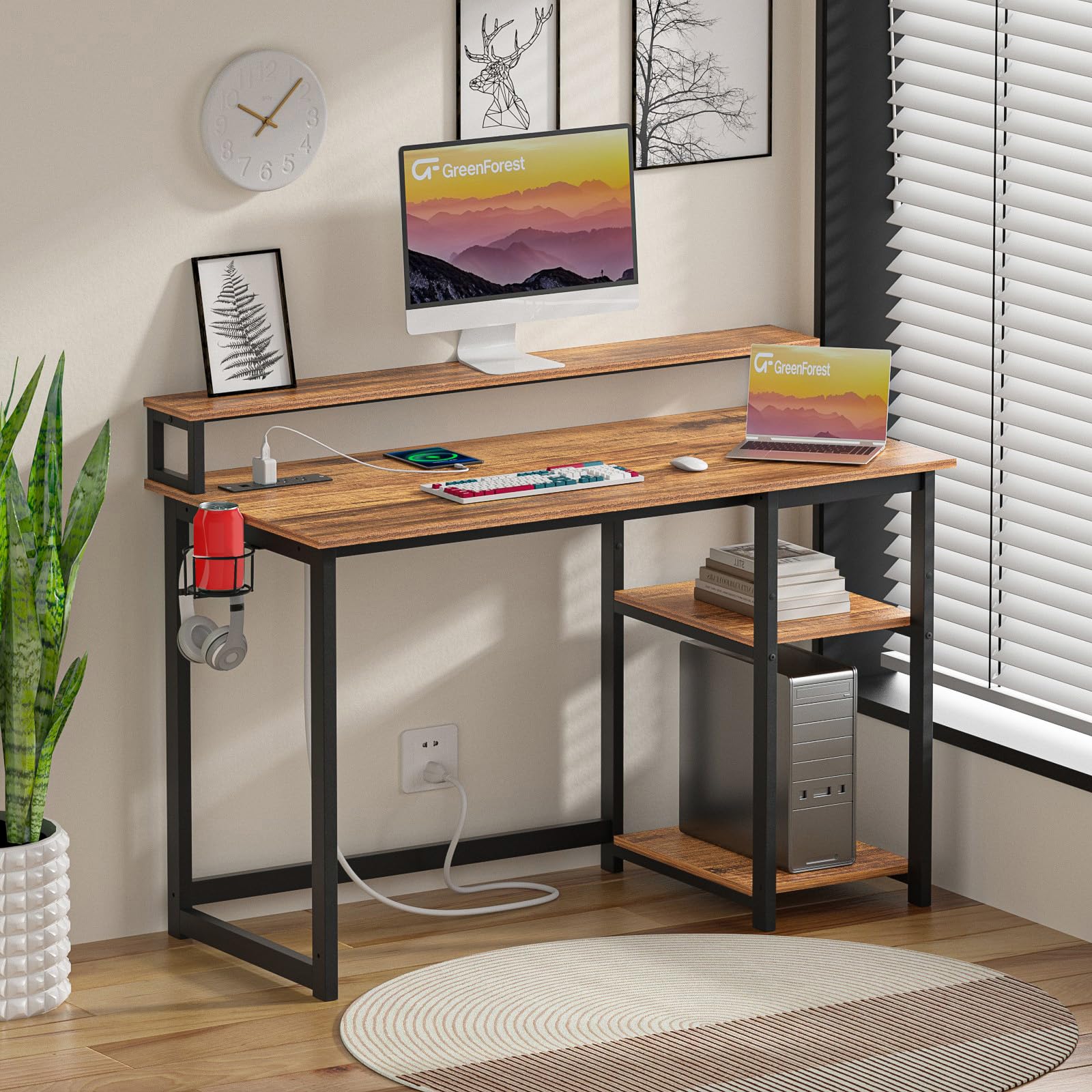 GreenForest 40 Inch Computer Desk with Power Outlets - Ergonomic Home Office Desk with Monitor Stand, Reversible Gaming & Study Desk for Small Spaces, Walnut Finish - Perfect for Remote Work, Online Classes & PC Gaming Setup
