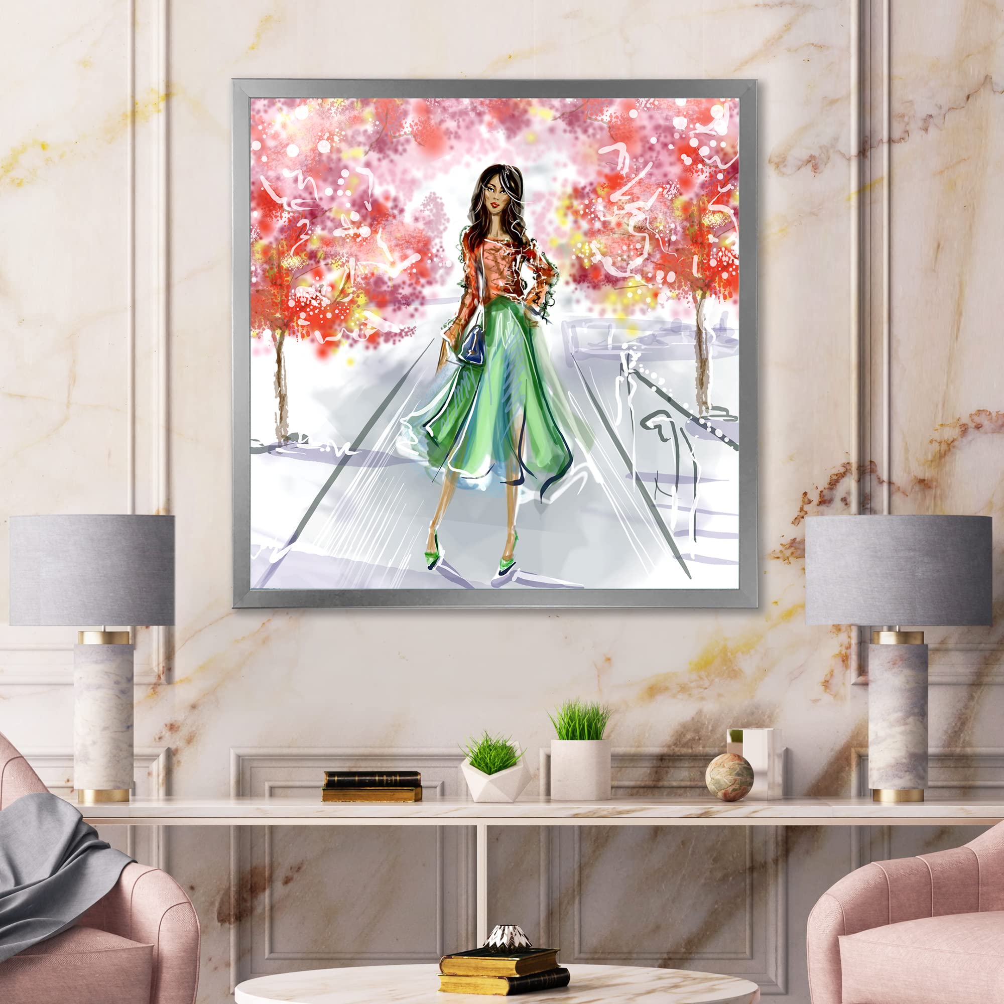 DesignQ Traditional Framed Wall Art - Beautiful Girl in Fashionable Clothes Park Scene - Perfect for Living Room, Bedroom & Office Decor
