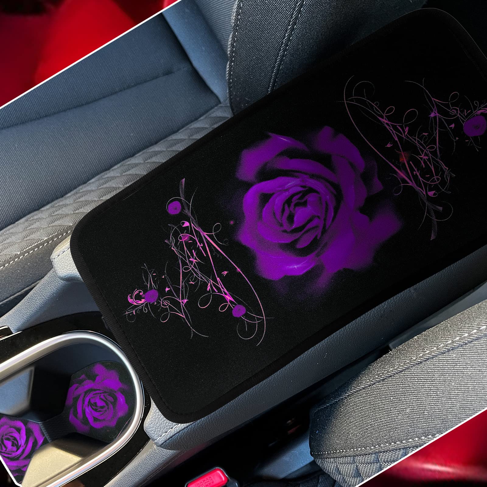 15-Piece Rose Flower Car Seat Cover Set for Women - Universal Fit with Steering Wheel, Armrest & Seatbelt Covers - Front & Rear Backrest Protectors - Soft Polyester Fabric (Purple) - Perfect for Daily Commute, Road Trips & Car Interior Decoration