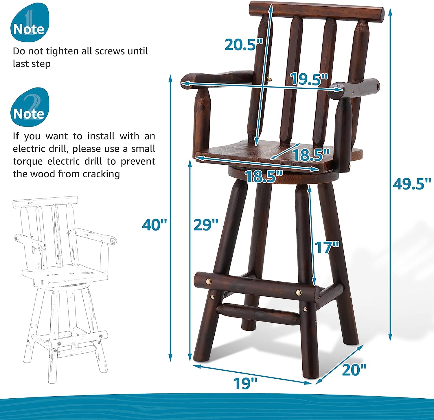 Premium Wooden Swivel Bar Stool - Patio Dining Chair for Outdoor & Indoor Use - Weather-Resistant & Comfortable Bar Height Stool for Backyard, Deck, Garden & Kitchen Counter