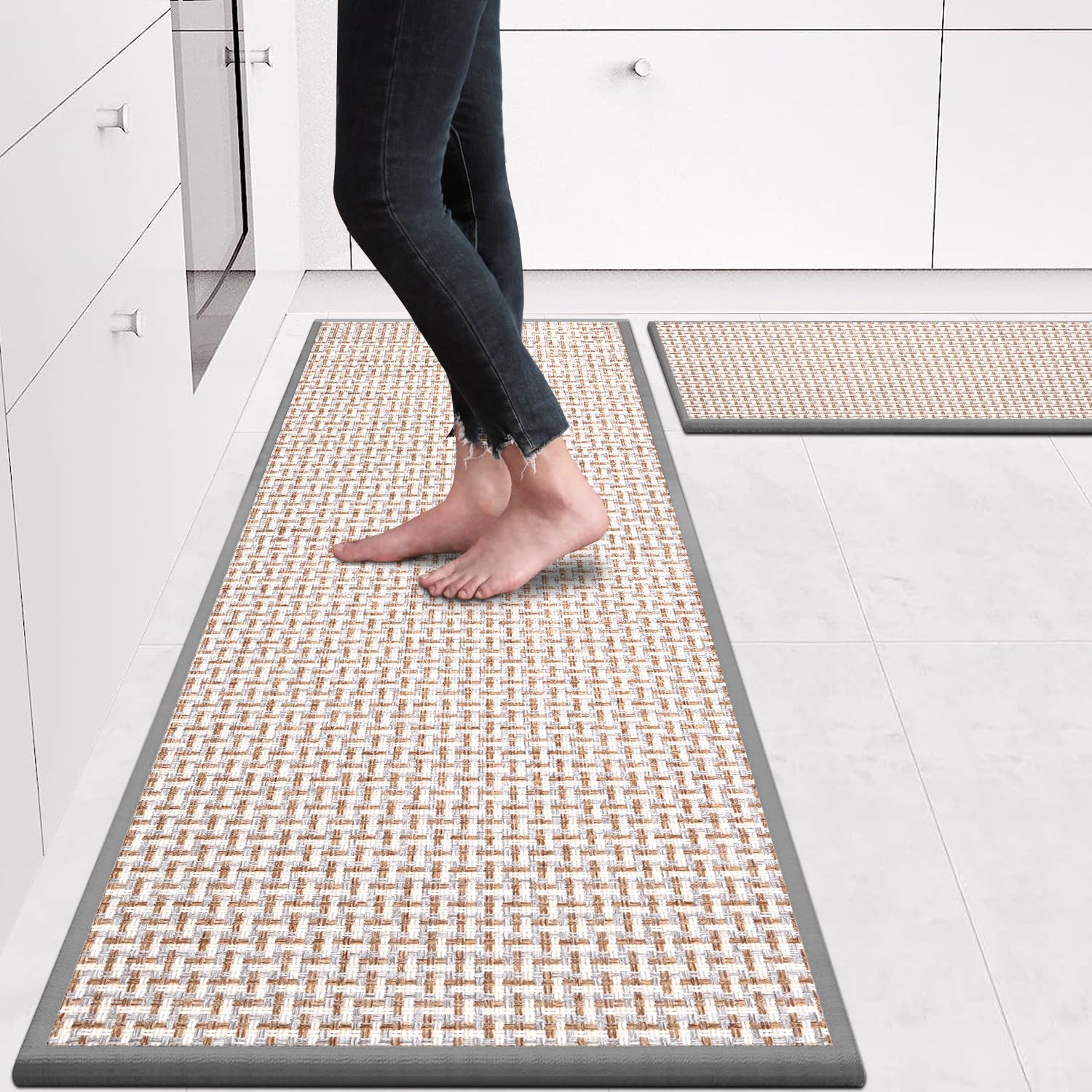 Non-Slip Washable Kitchen Rugs Set of 2 - Absorbent Anti-Fatigue Floor Mats for Sink Area & High Traffic Zones, 17.3