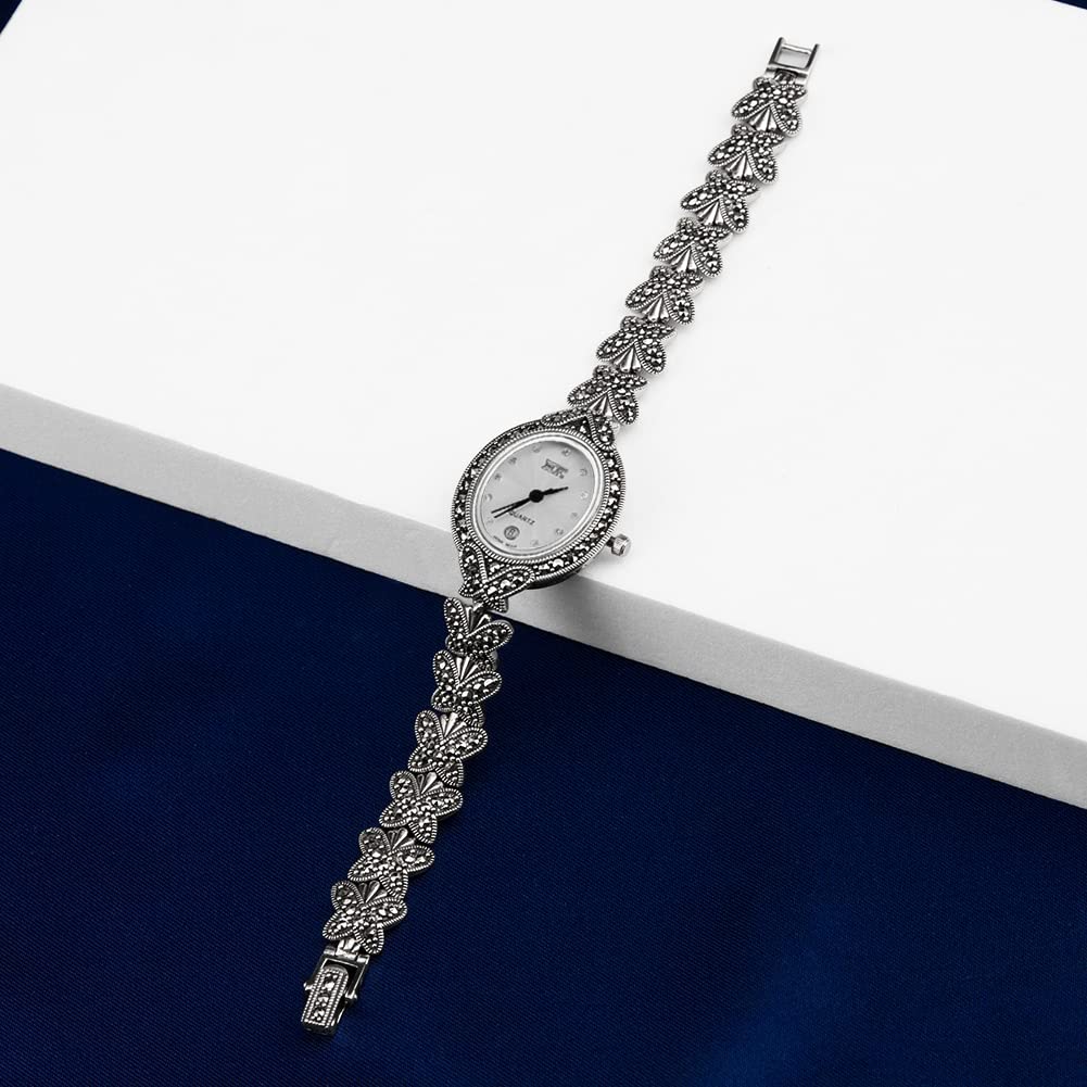 Elegant Women's Butterfly Style Pave Marcasite 925 Sterling Silver Wrist Watch (White) - Perfect for Formal Events, Date Nights & Gift Giving