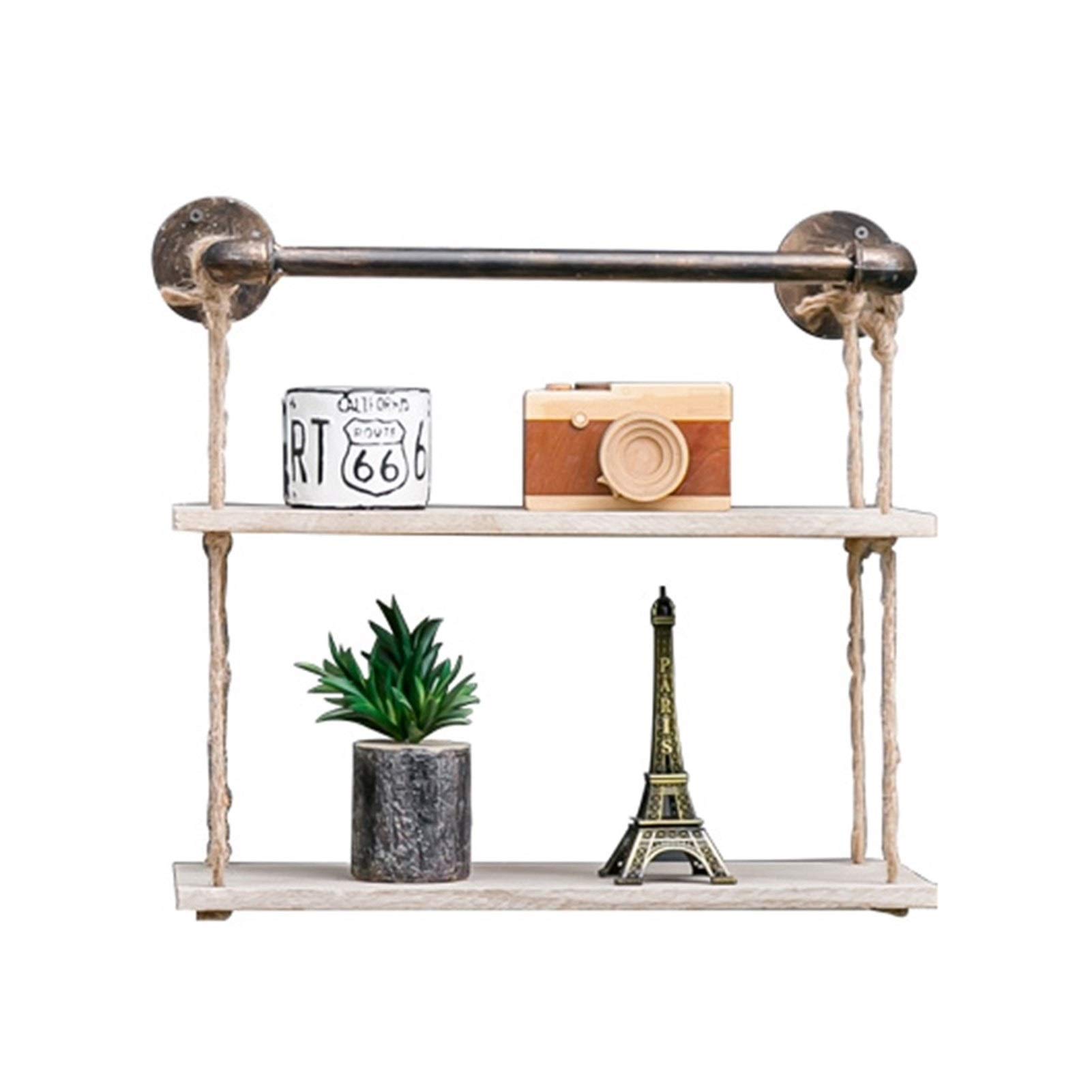 Vintage Shabby Chic 2-Tier Corner Hanging Shelves with Rope | Floating Wall Shelves for Home Decor | Rustic Swing Shelf Storage Organizer | Water Pipe Design Picture Ledge (40×20×52cm) - Perfect for Living Room, Bedroom, Bathroom & Kitchen Storage Decor