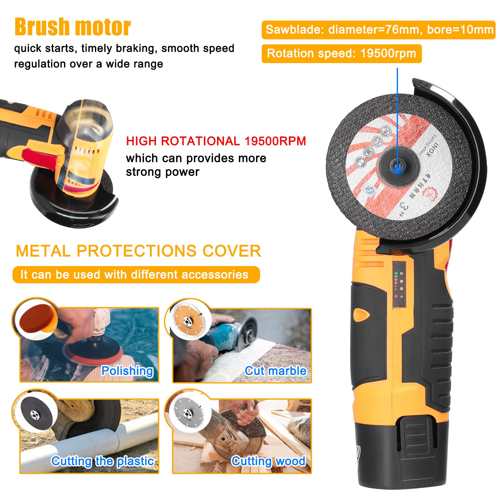 **Geevorks 19500RPM Electric Angle Grinder - Mini Handheld Cutting & Polishing Tool for Tile, Wood, Stone, Steel - Includes 2 Cutting Discs & 2PCS 1200mAh Batteries (Yellow) - Perfect for DIY, Construction, and Metalworking Projects**