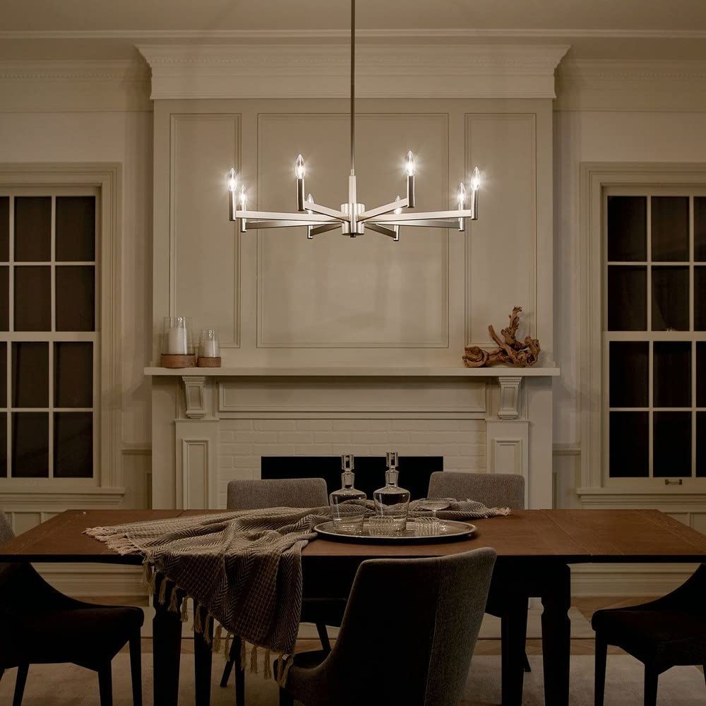 8-Light Modern Farmhouse Chandelier in Satin Nickel Finish - Rustic Dining Room Lighting for Kitchen Island, Entryway & Farmhouse Decor