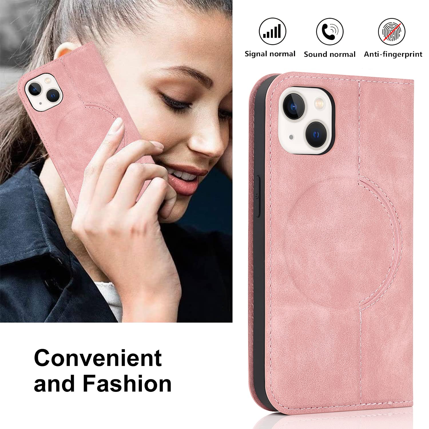 QLTYPRI Magnetic Wallet Case for iPhone 13/14 - Magsafe Compatible RFID Blocking PU Leather Flip Cover with Card Slots & Kickstand | Shockproof Protective Phone Case in Rose Gold | Perfect for Travel, Work & Everyday Use