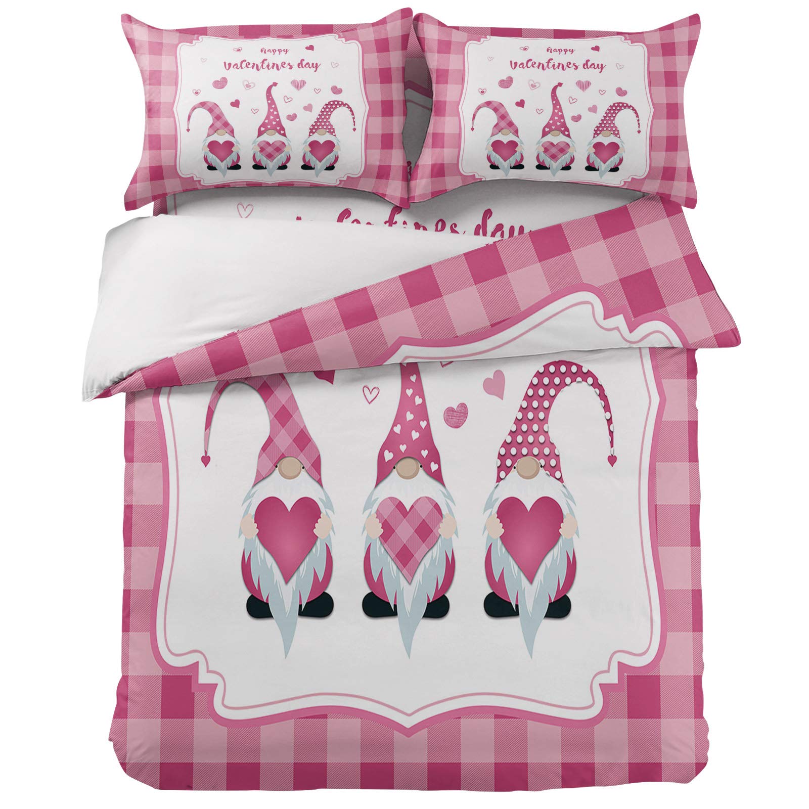 Valentine's Day Pink Hearts with Gnomes 4-Piece Duvet Cover Set - Ultra Soft Buffalo Check Border, Includes 2 Decorative Pillow Shams - Perfect for Romantic Bedroom Decor & Cozy Winter Nights