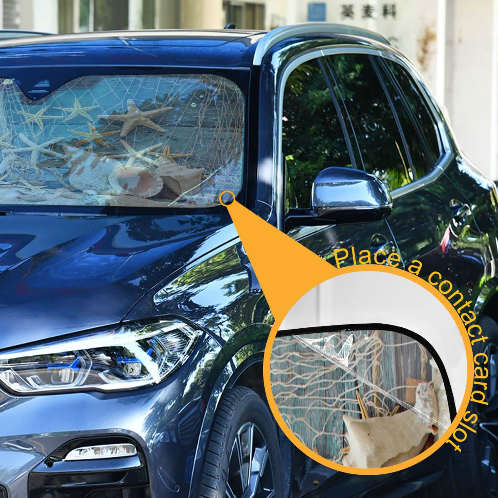 Boccsty Sea Star Seashell Car Windshield Sun Shade - UV Protection for Cars, Trucks & SUVs - Beach Themed Blue Wooden Window Shade - Universal Fit for Men, Women & Baby - Perfect for Beach Trips, Summer Driving & Outdoor Adventures