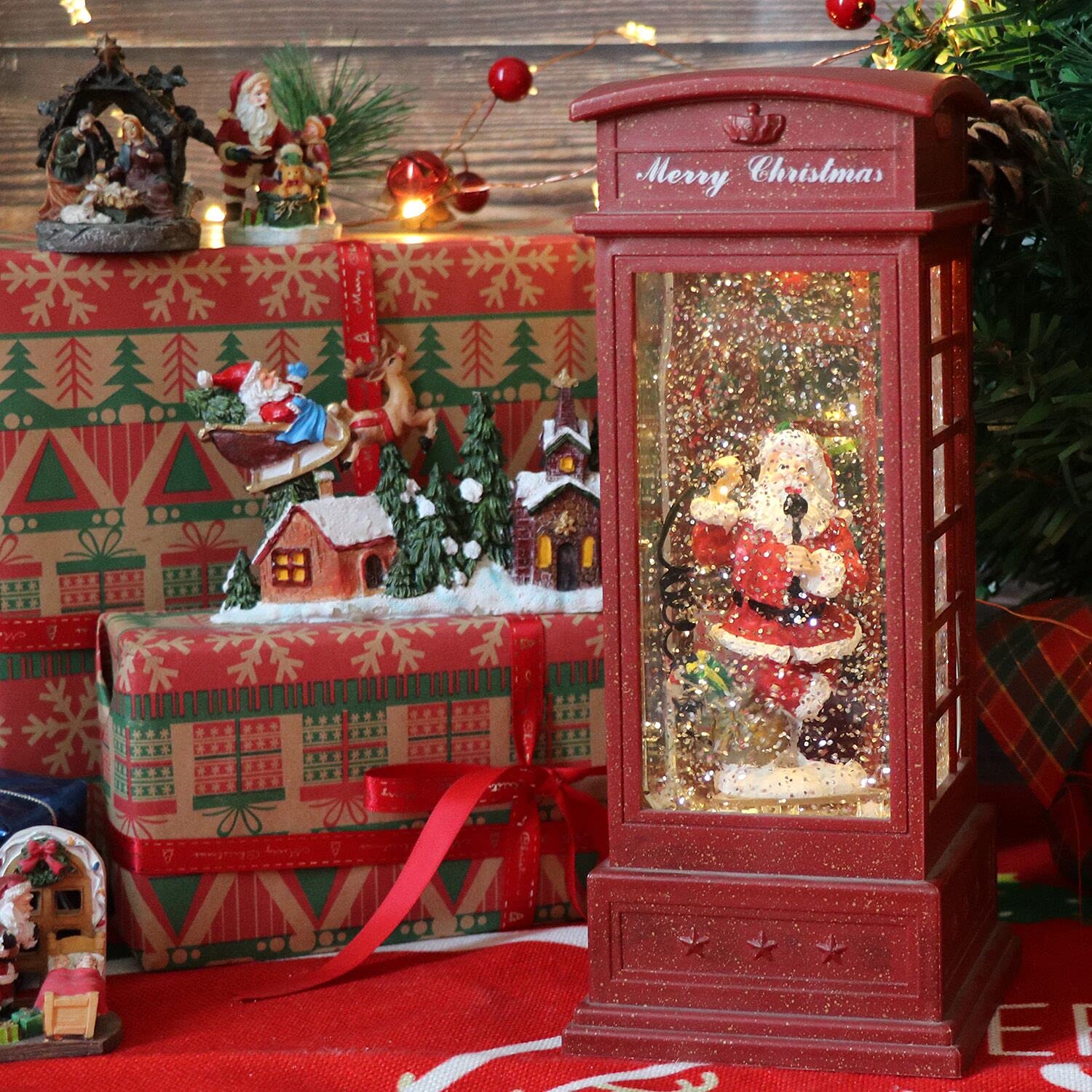 Eldnacele Christmas Snow Globe Lantern Phone Booth - Battery Operated Festive Ornament with Swirling Water & Glitter, Timer Function - Perfect for Holiday Tabletop Centerpiece, Home Decor, Gift Giving & Winter Wonderland Displays