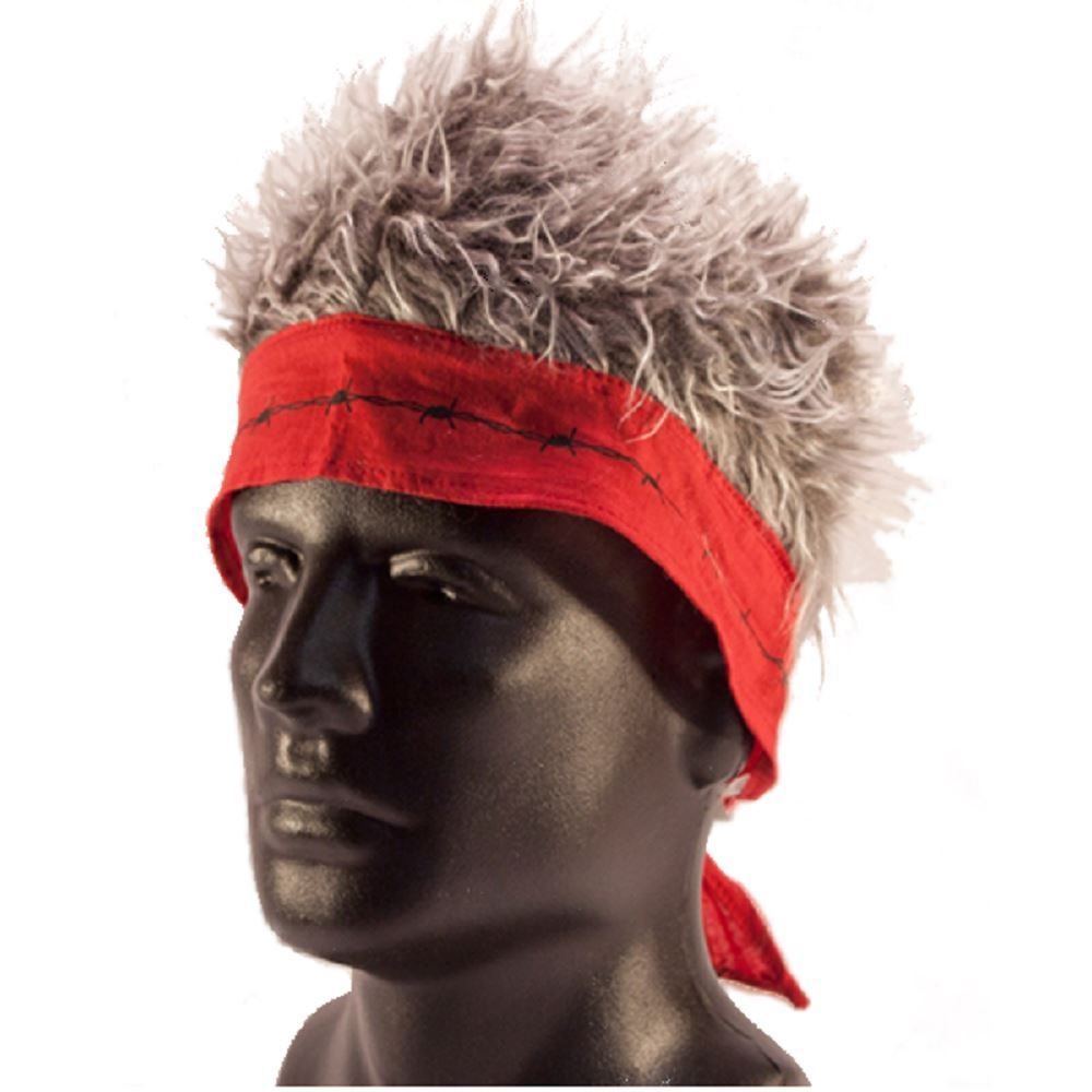 Red Barbed Wire Bandana with Gray Hair - Stylish Punk Fashion Accessory for Men & Women - Perfect for Concerts, Festivals, and Streetwear Outfits