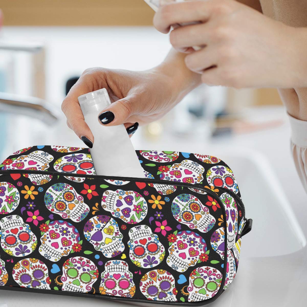 Portable Travel Toiletries Bag - Waterproof Cosmetic Makeup Organizer with Sugar Skull Design for Women & Adults | Perfect for Vacation, Gym, Camping & Daily Use
