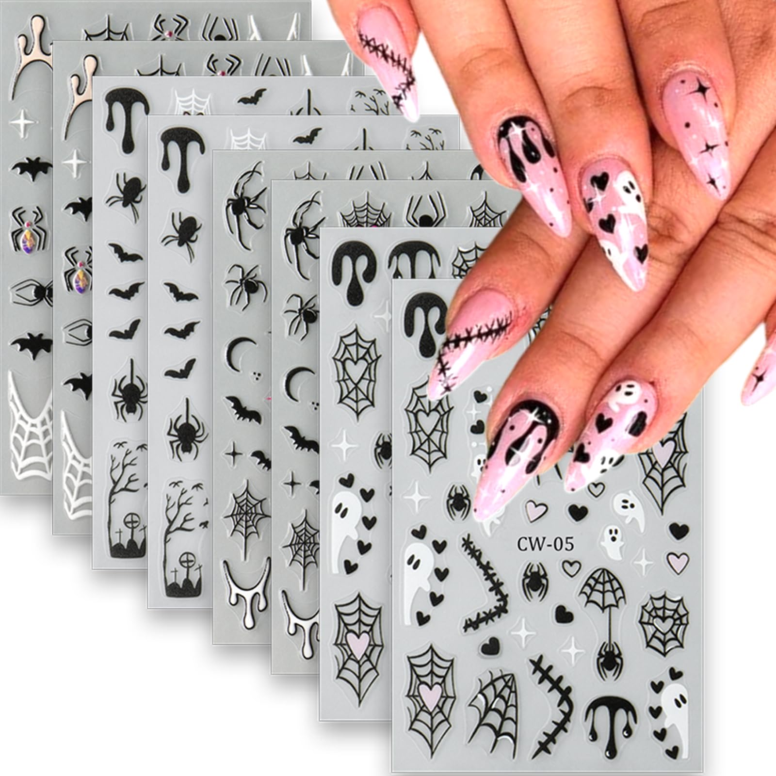 8 Sheets Halloween Nail Art Stickers - Self-Adhesive Gothic Nail Decals with Cute Ghost, Heart & Spider Web Designs - Nail Supplies for Women & Girls - Perfect for Manicure, Acrylic Nails & Halloween Party Nail Decorations