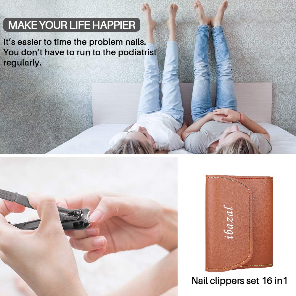 Premium Stainless Steel Nail Clipper Set - 16PCS Manicure Pedicure Kit with Nail Cutter, Scissors, Files & Leather Case for Home, Travel & Salon Use - Ideal Gift for Women & Men
