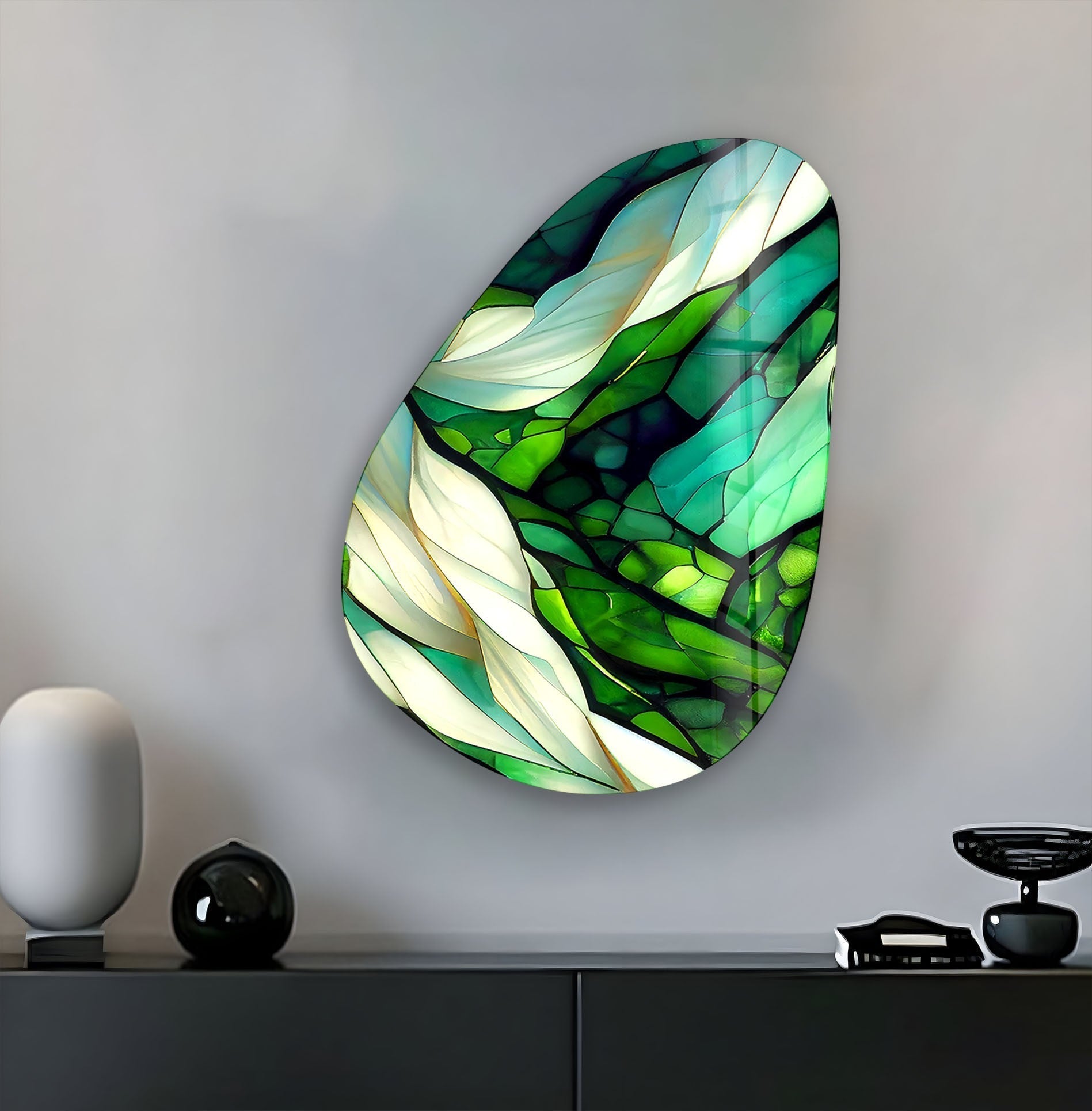 Handmade Asymmetrical Oval Green Fractal Glass Wall Art - Modern Abstract Home Decor for Living Room, Bedroom & Office