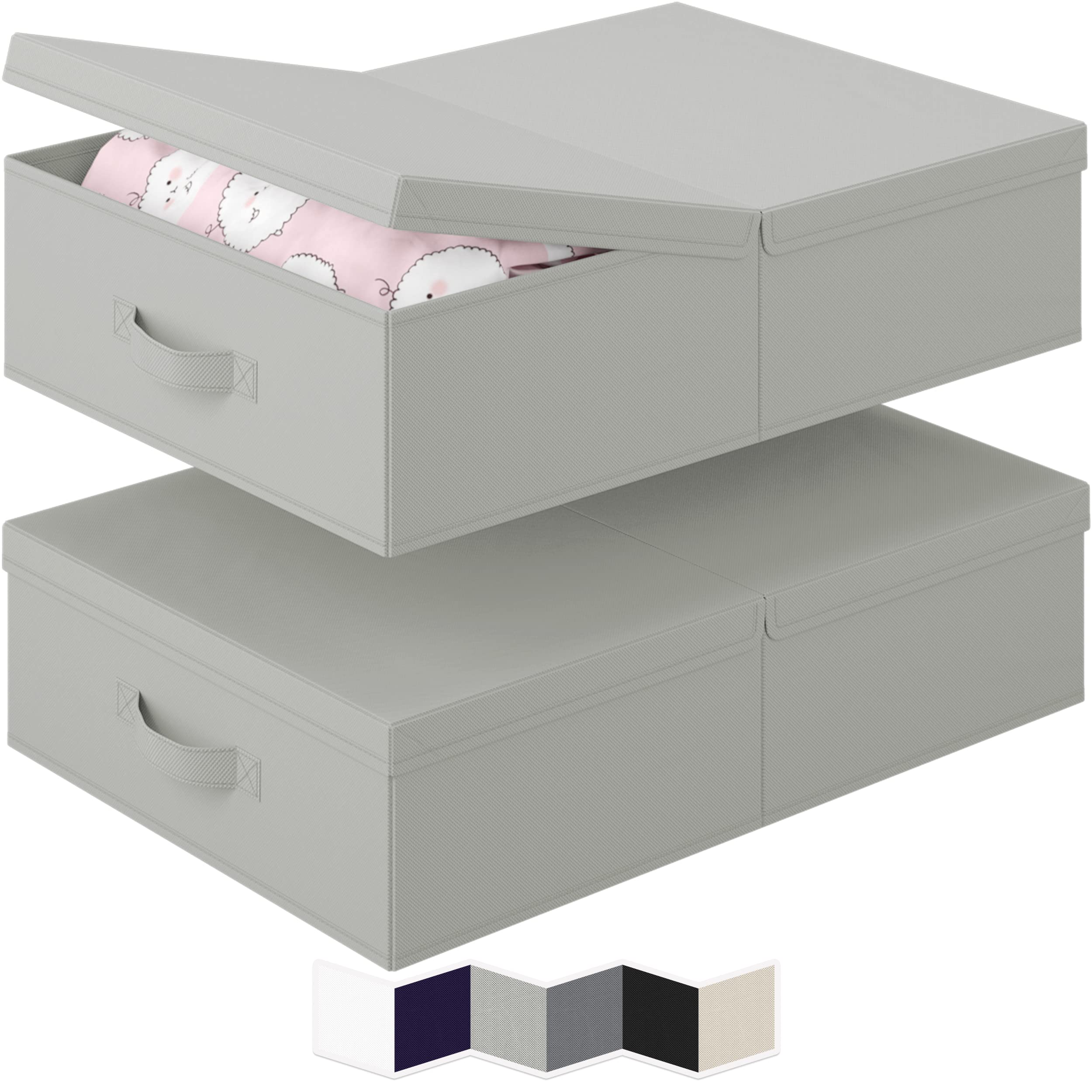 NEATERIZE Under Bed Storage Bins with Lids - Set of 2 Long Flat Stackable Organizers for Clothes, Shoes, Toys, Blankets & Linens | Space-Saving Bedroom & Closet Storage Solution | Perfect for Seasonal Items, Kids' Rooms & Small Spaces (Small-Light Grey)
