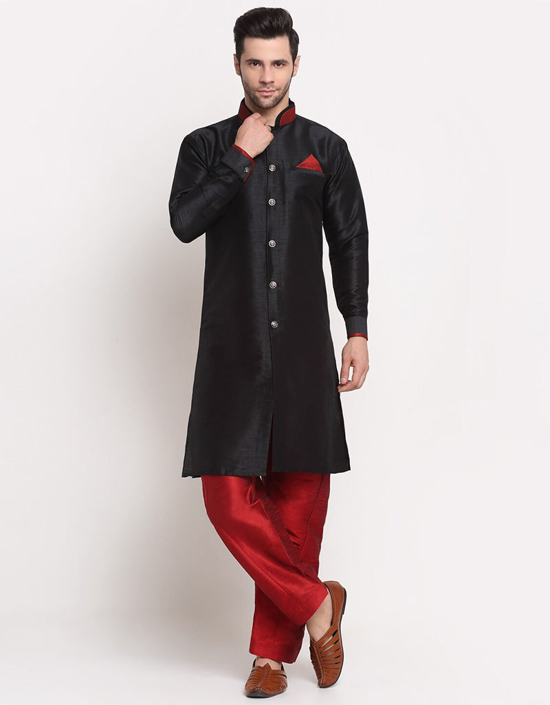 Black Kurta Dhupion Silk Pajama Set for Men - Traditional Indian Ethnic Wear for Festivals, Weddings & Special Occasions